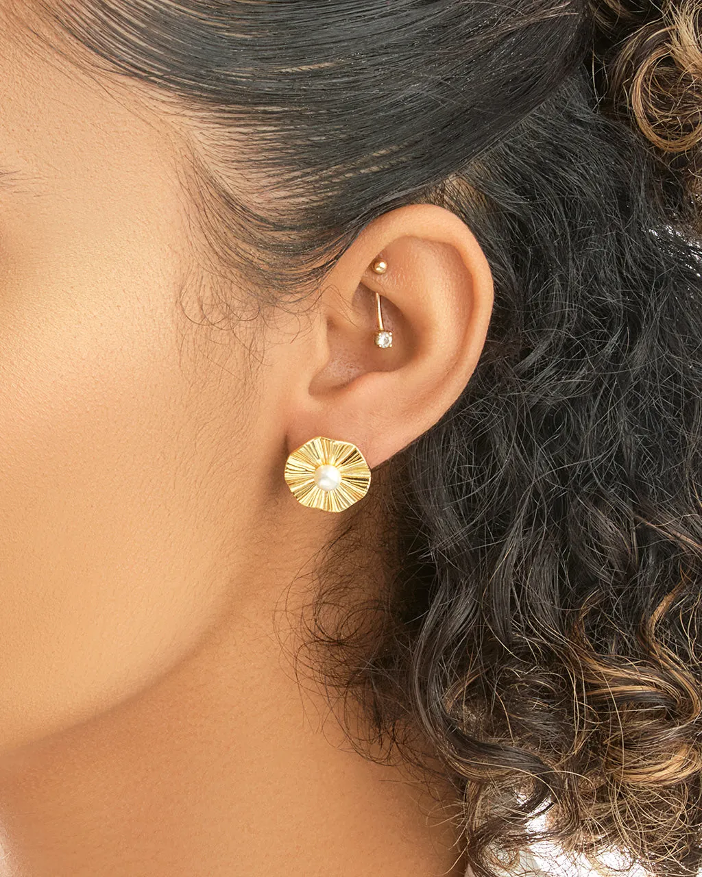 Sterling Silver Textured Disk & Pearl Stud Earrings