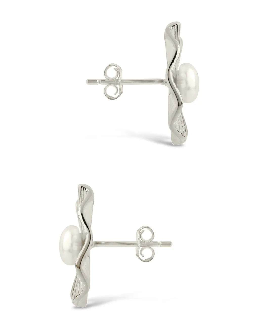 Sterling Silver Textured Disk & Pearl Stud Earrings
