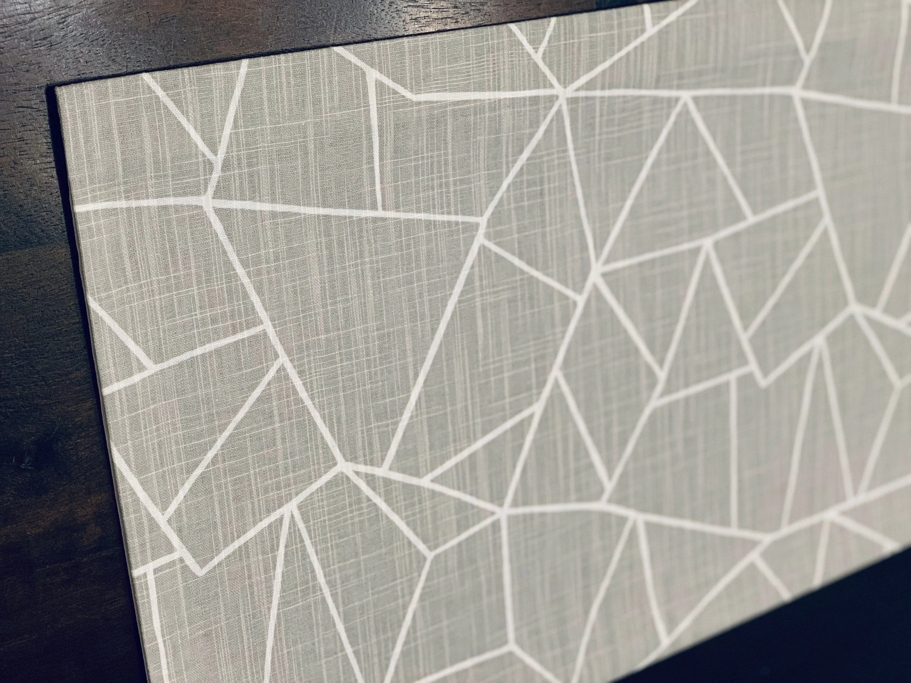 Straight Modern Valance Custom Made in Geometric Cut Glass Print, Navy, Black, Grey and White on Cotton Slub Canvas, Fully Lined