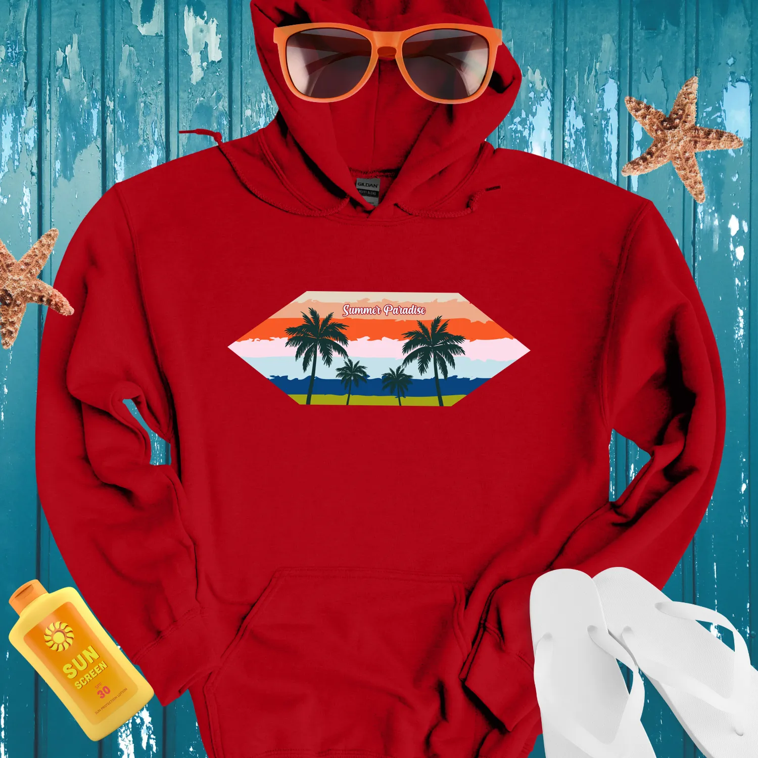 Summer Paradise Hoodie With Sunset Design And Palms