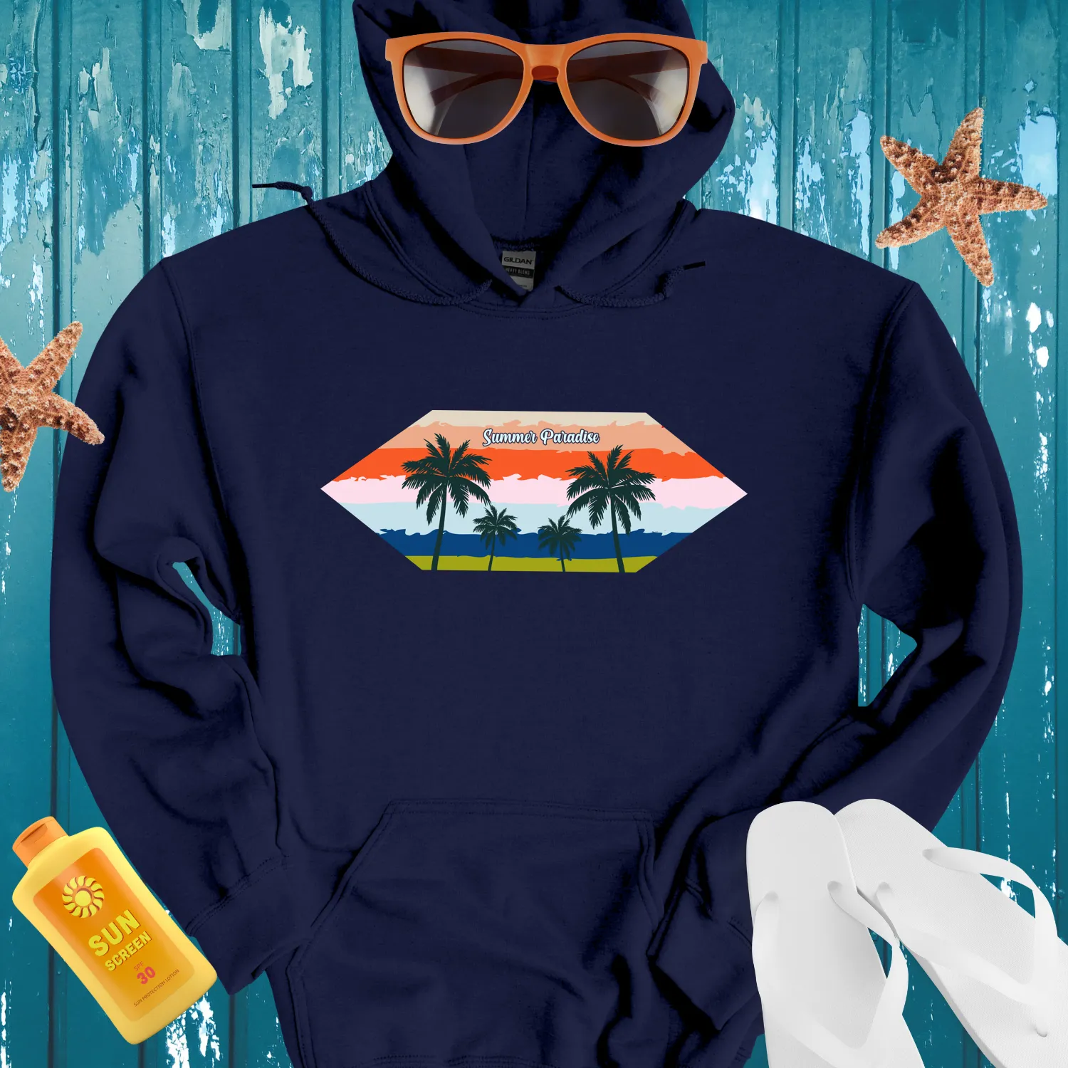 Summer Paradise Hoodie With Sunset Design And Palms