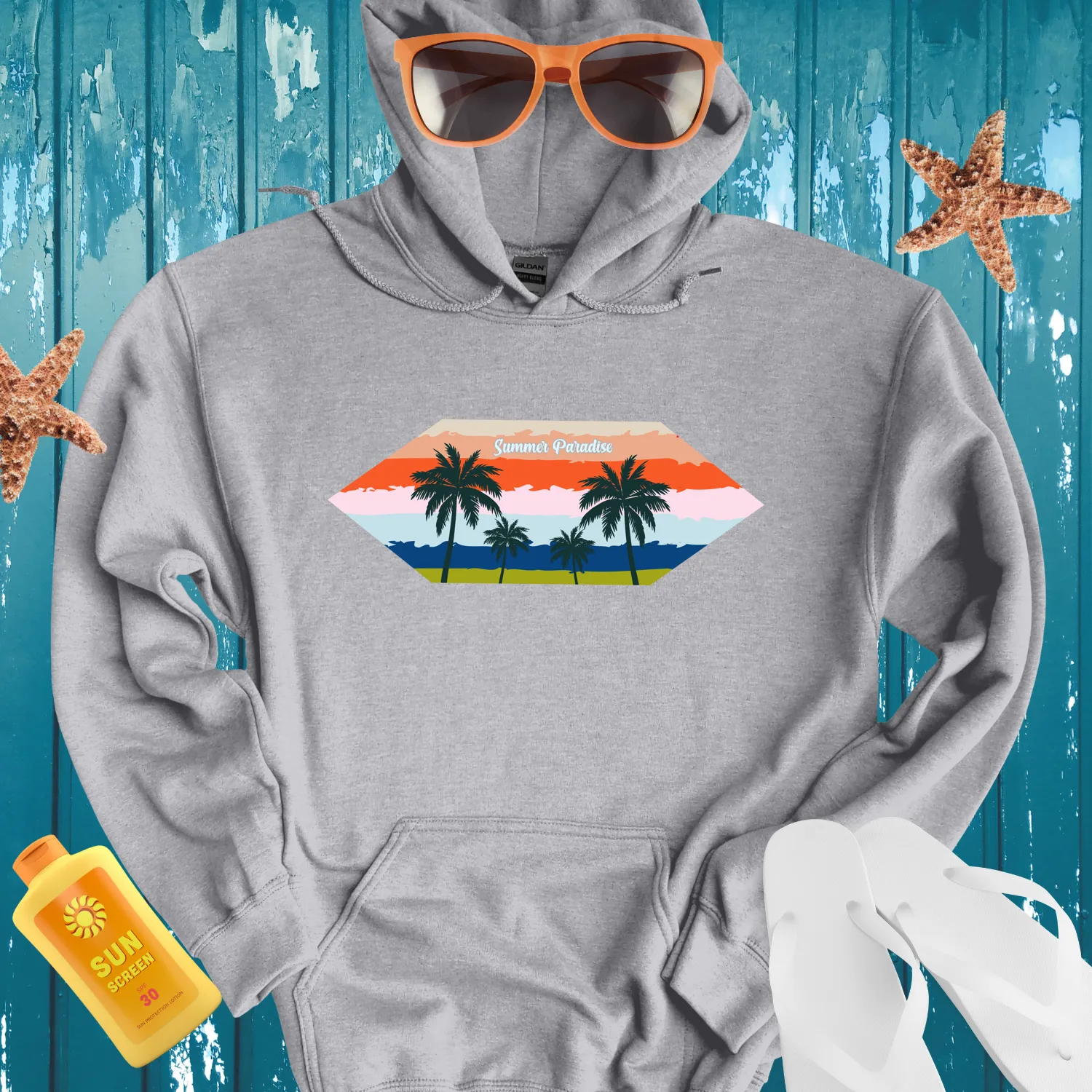 Summer Paradise Hoodie With Sunset Design And Palms