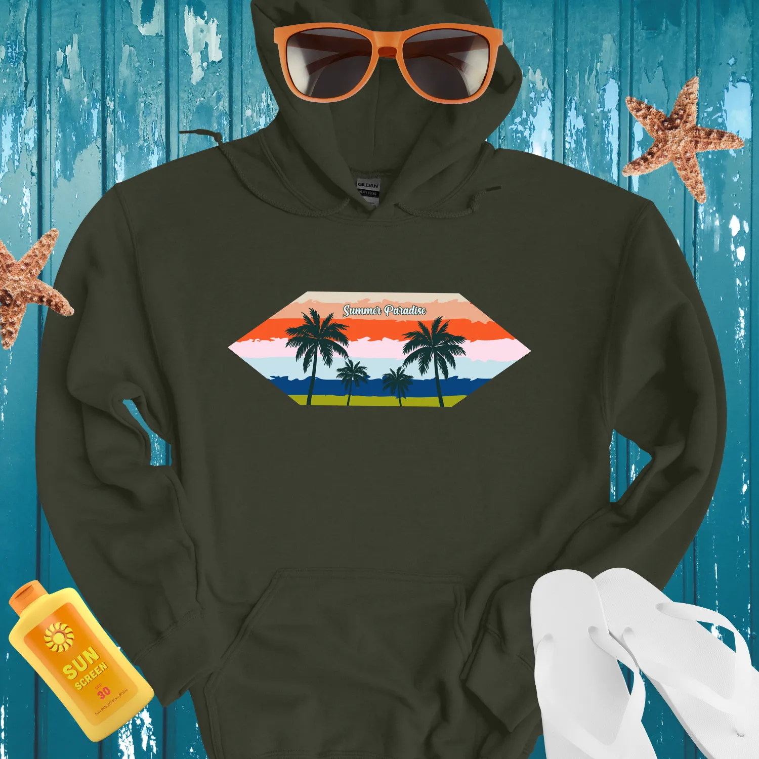 Summer Paradise Hoodie With Sunset Design And Palms
