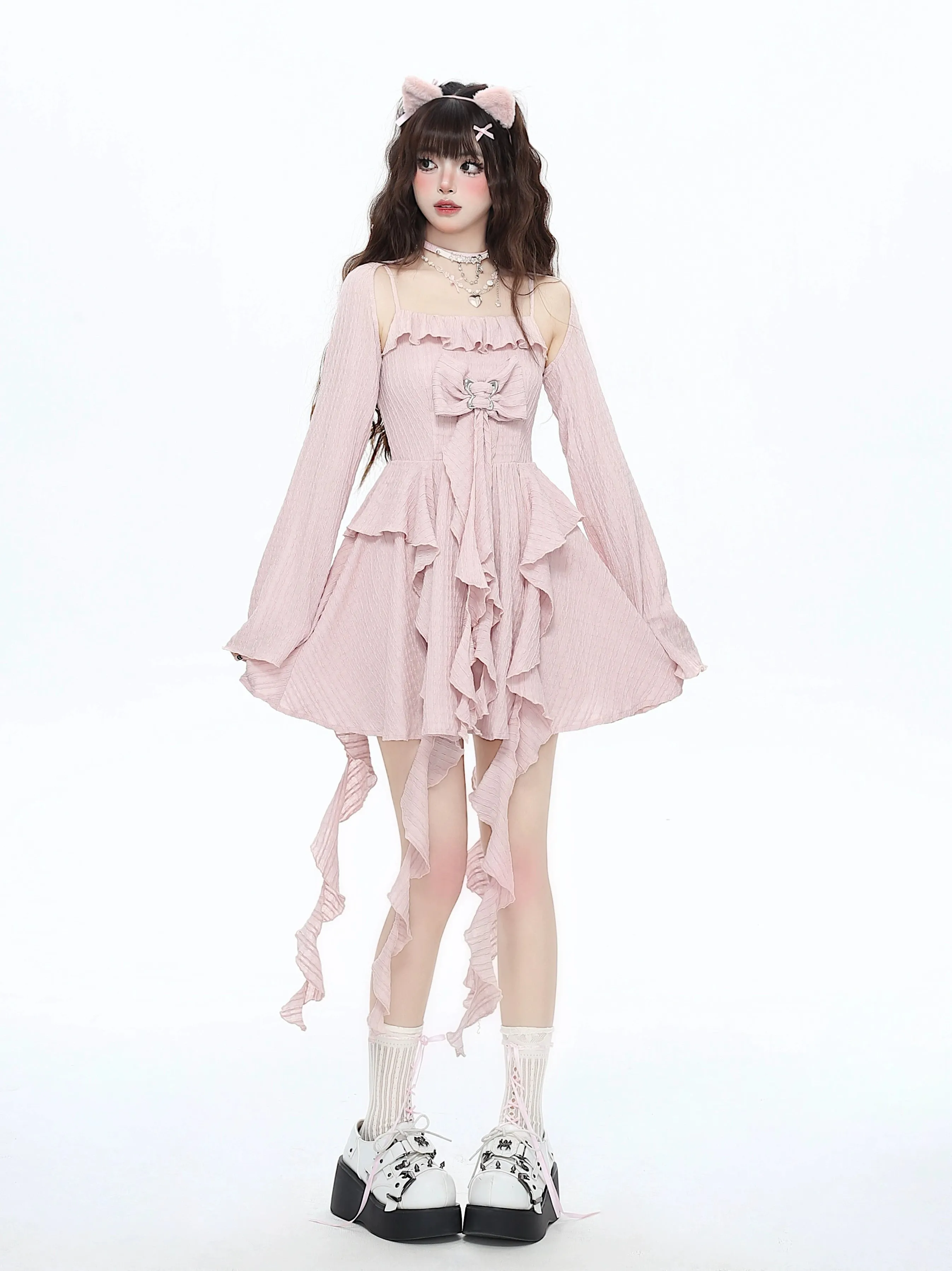Summer Pink Dress Cardigan Set