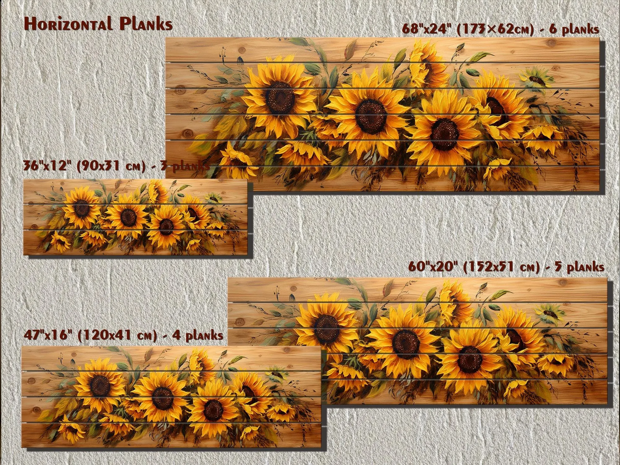 Sunflowers Painting Long Horizontal Real Wood Wall Art Print For Farmhouse Bedroom Decor