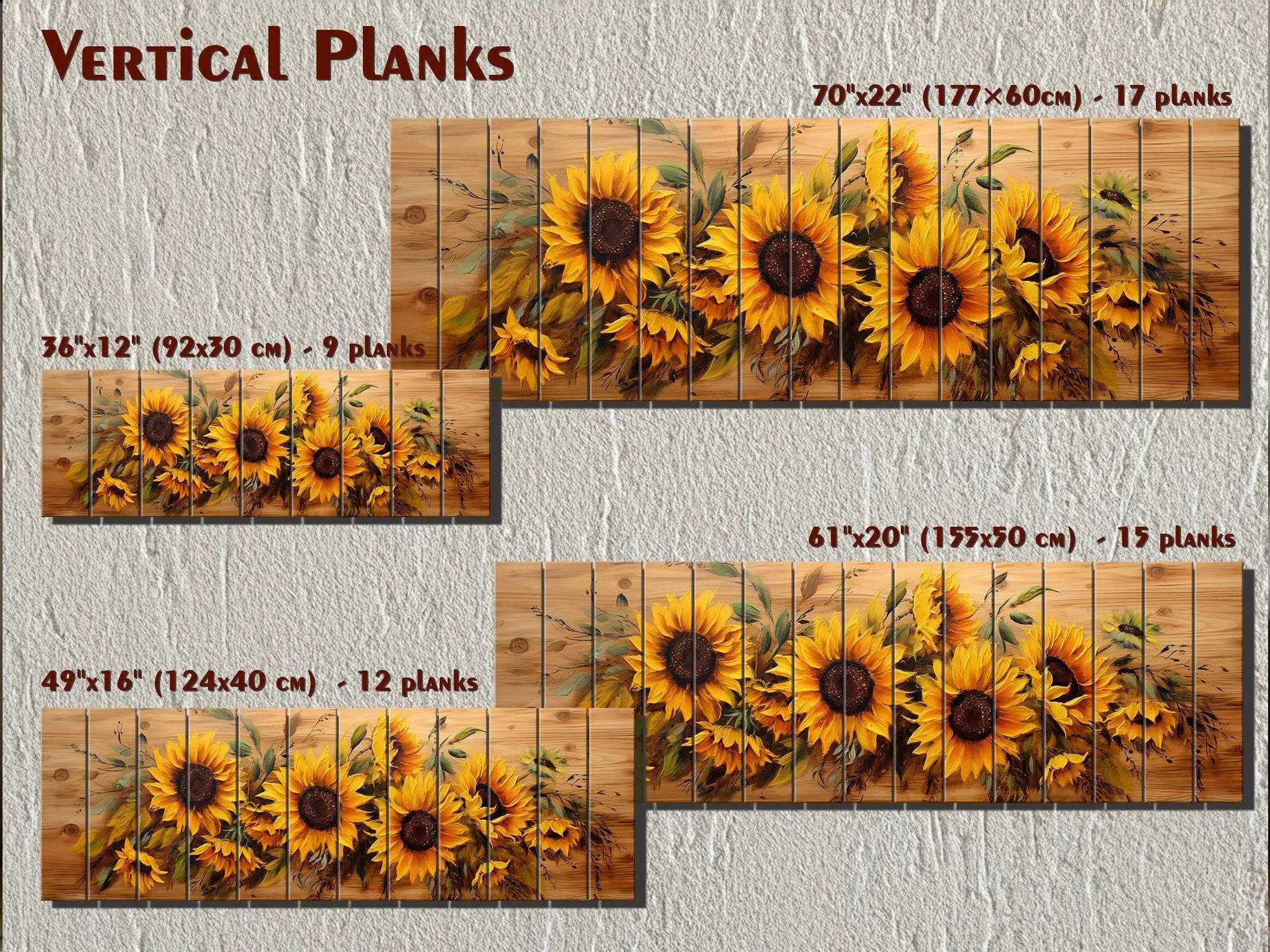Sunflowers Painting Long Horizontal Real Wood Wall Art Print For Farmhouse Bedroom Decor