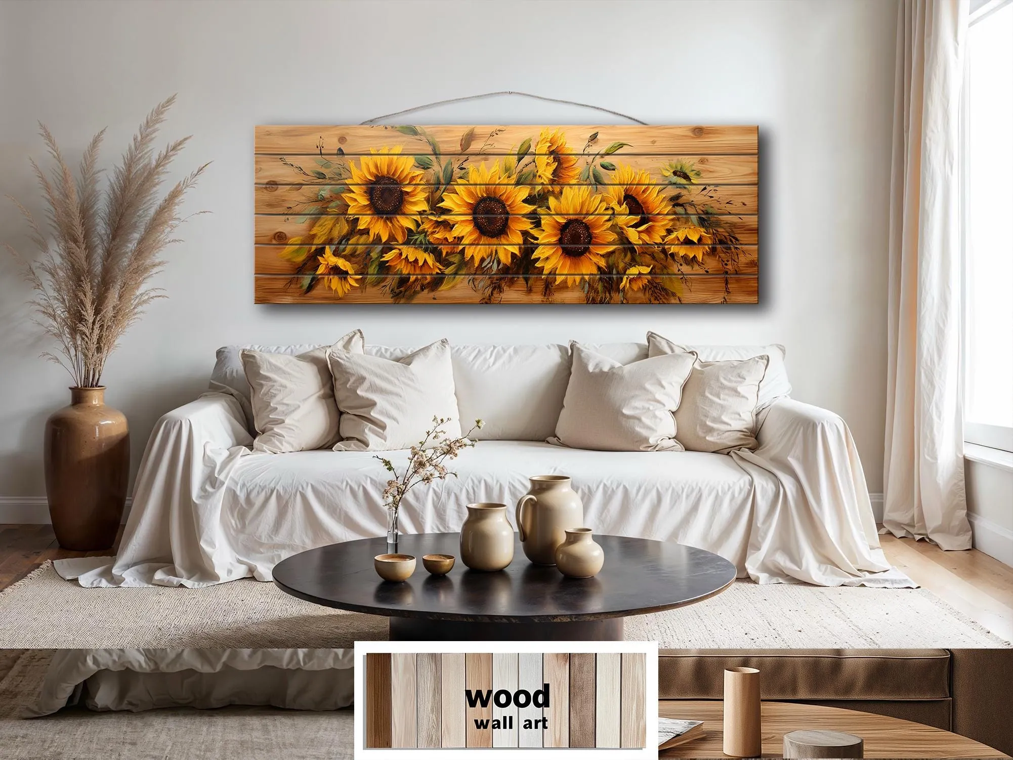 Sunflowers Painting Long Horizontal Real Wood Wall Art Print For Farmhouse Bedroom Decor