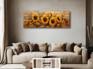 Sunflowers Painting Long Horizontal Real Wood Wall Art Print For Farmhouse Bedroom Decor