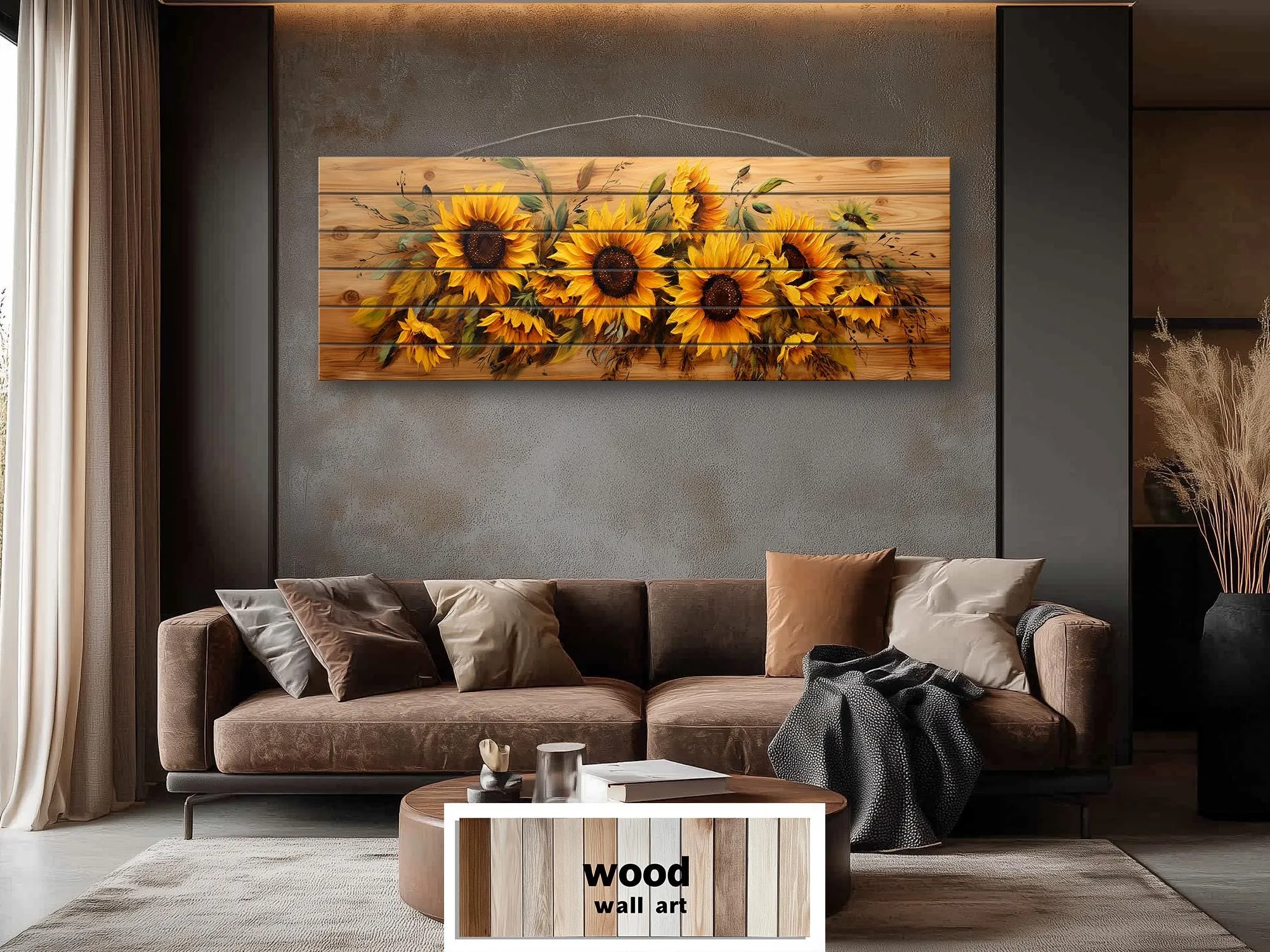 Sunflowers Painting Long Horizontal Real Wood Wall Art Print For Farmhouse Bedroom Decor