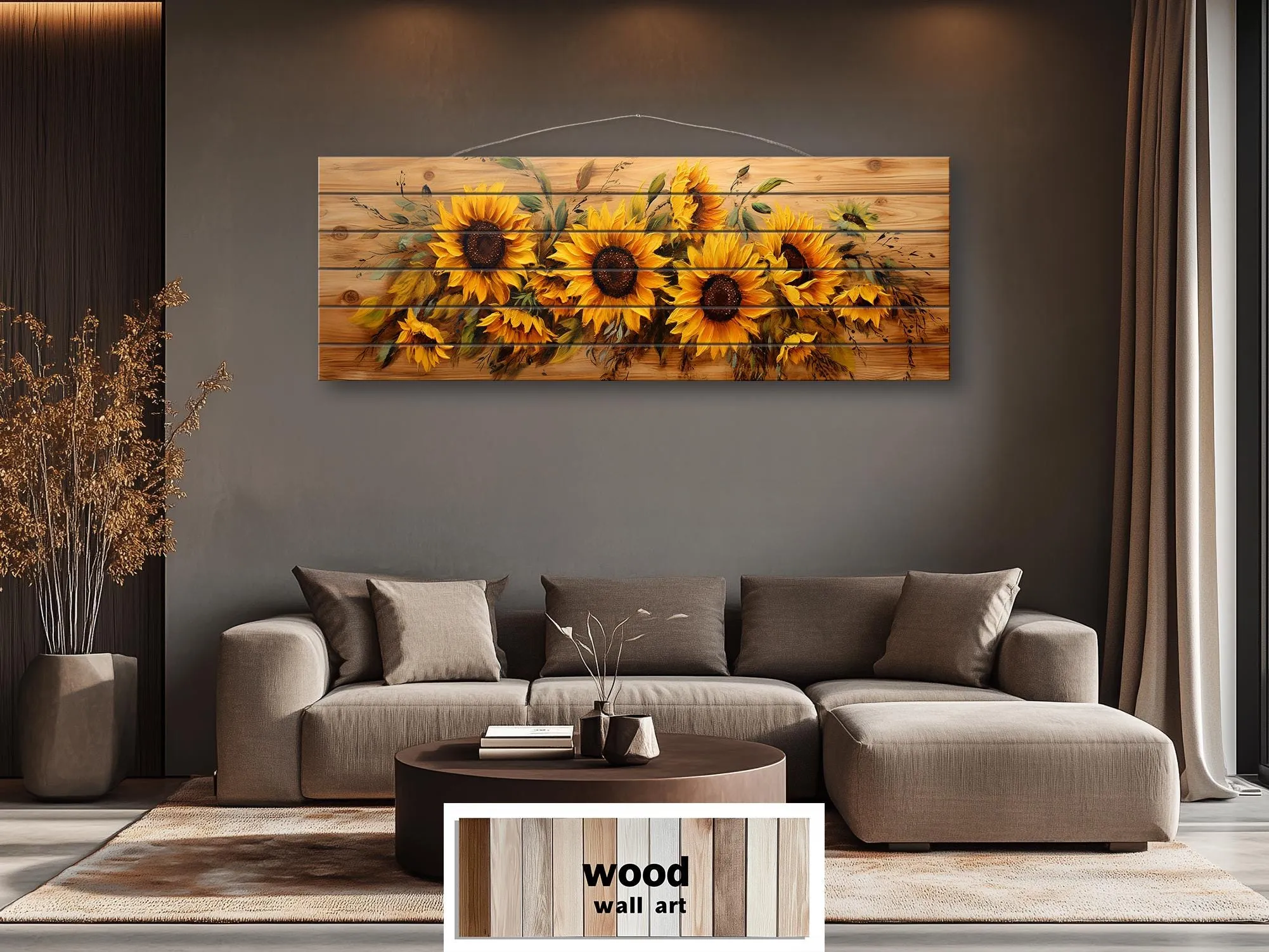 Sunflowers Painting Long Horizontal Real Wood Wall Art Print For Farmhouse Bedroom Decor