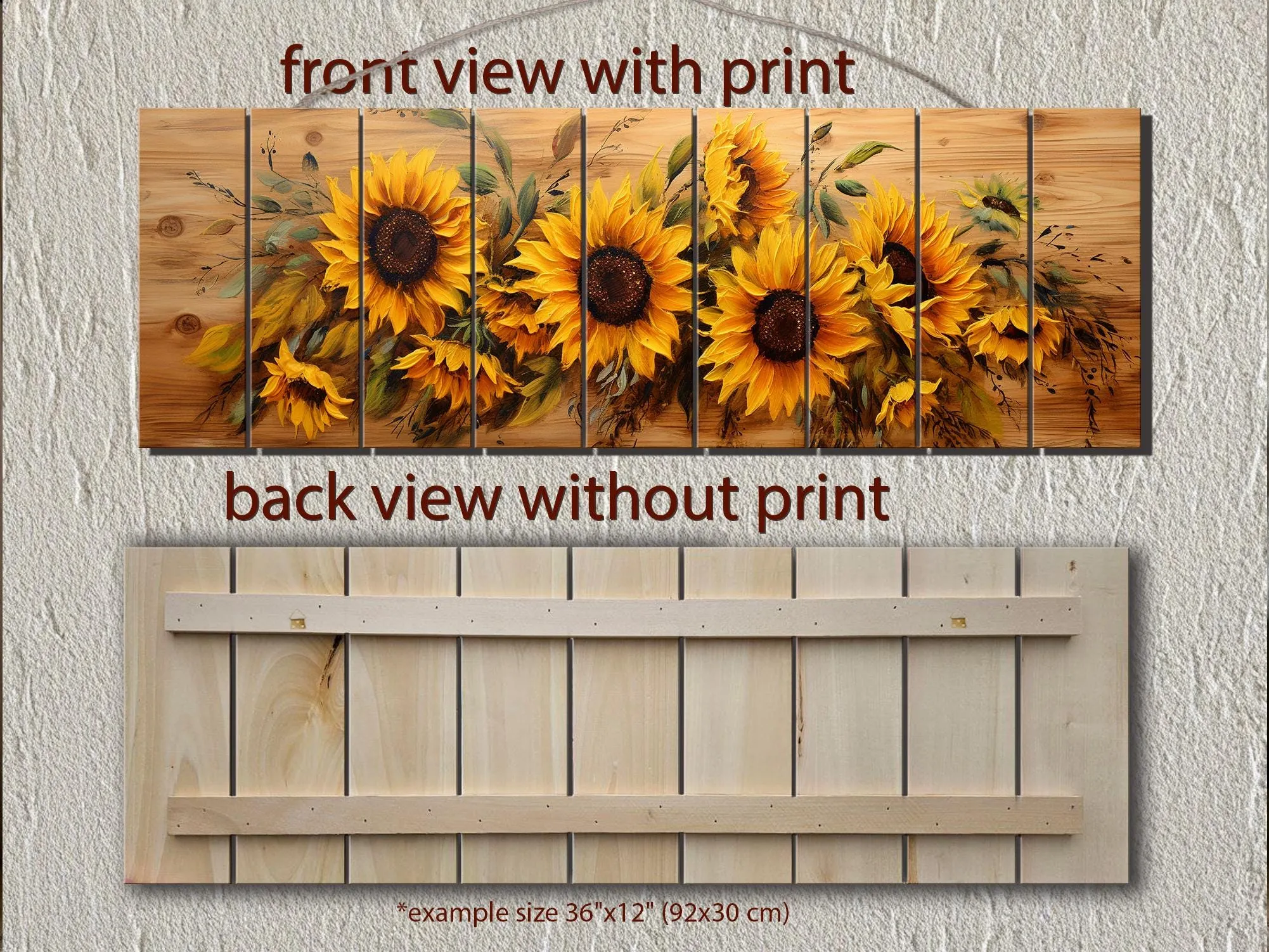Sunflowers Painting Long Horizontal Real Wood Wall Art Print For Farmhouse Bedroom Decor