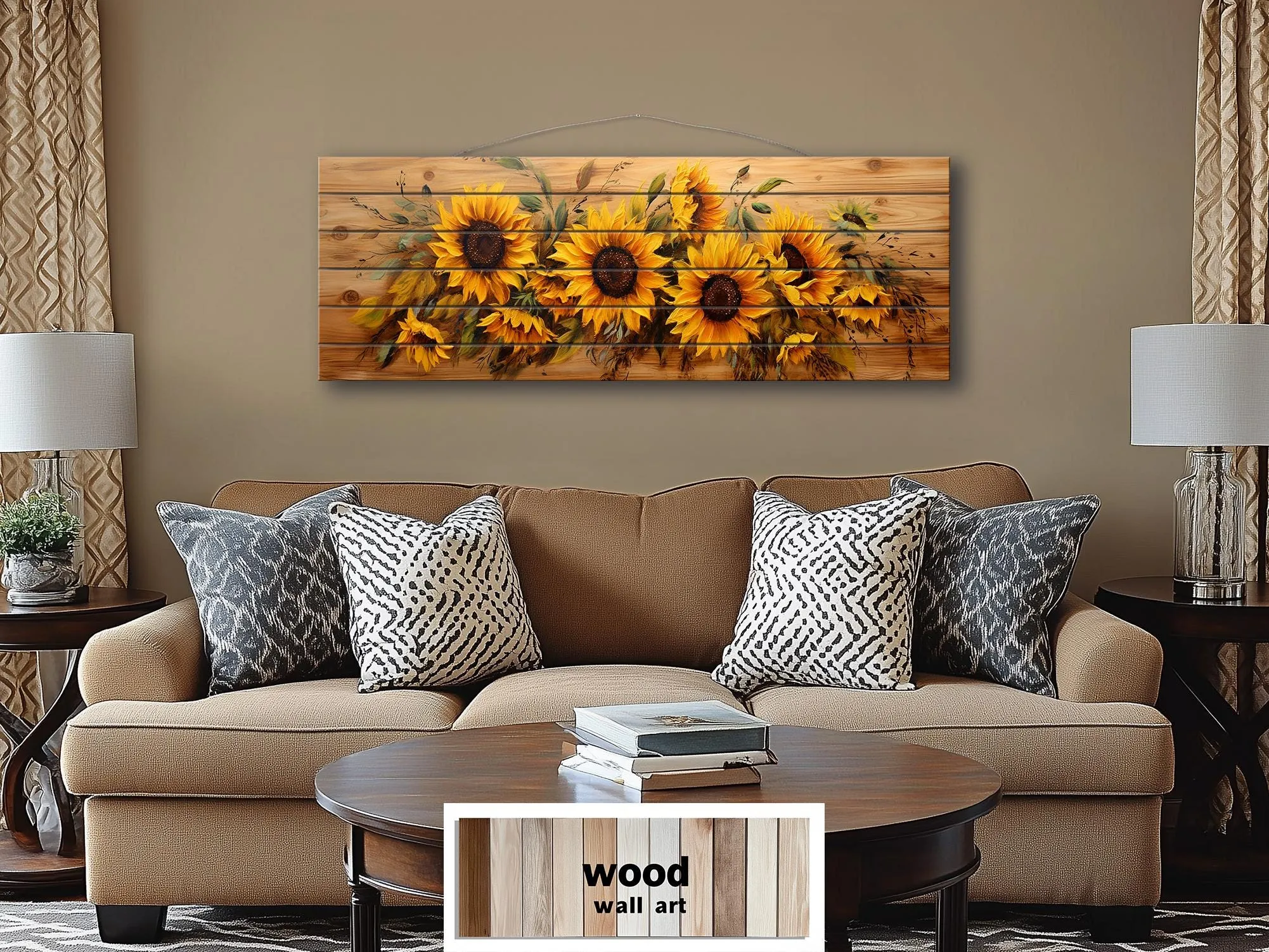 Sunflowers Painting Long Horizontal Real Wood Wall Art Print For Farmhouse Bedroom Decor