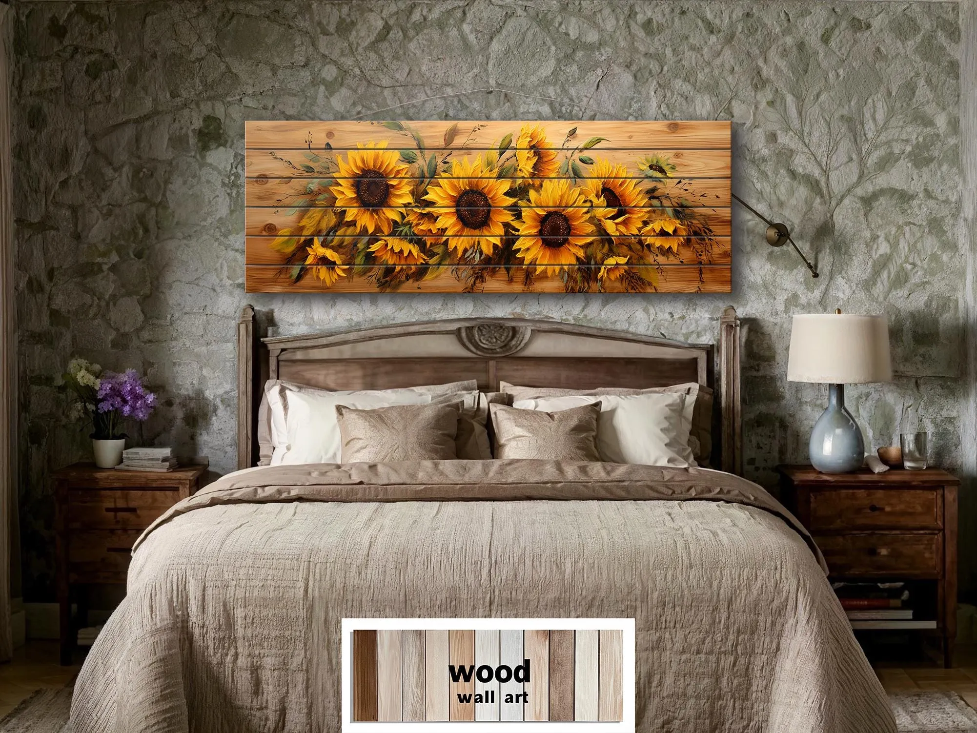 Sunflowers Painting Long Horizontal Real Wood Wall Art Print For Farmhouse Bedroom Decor