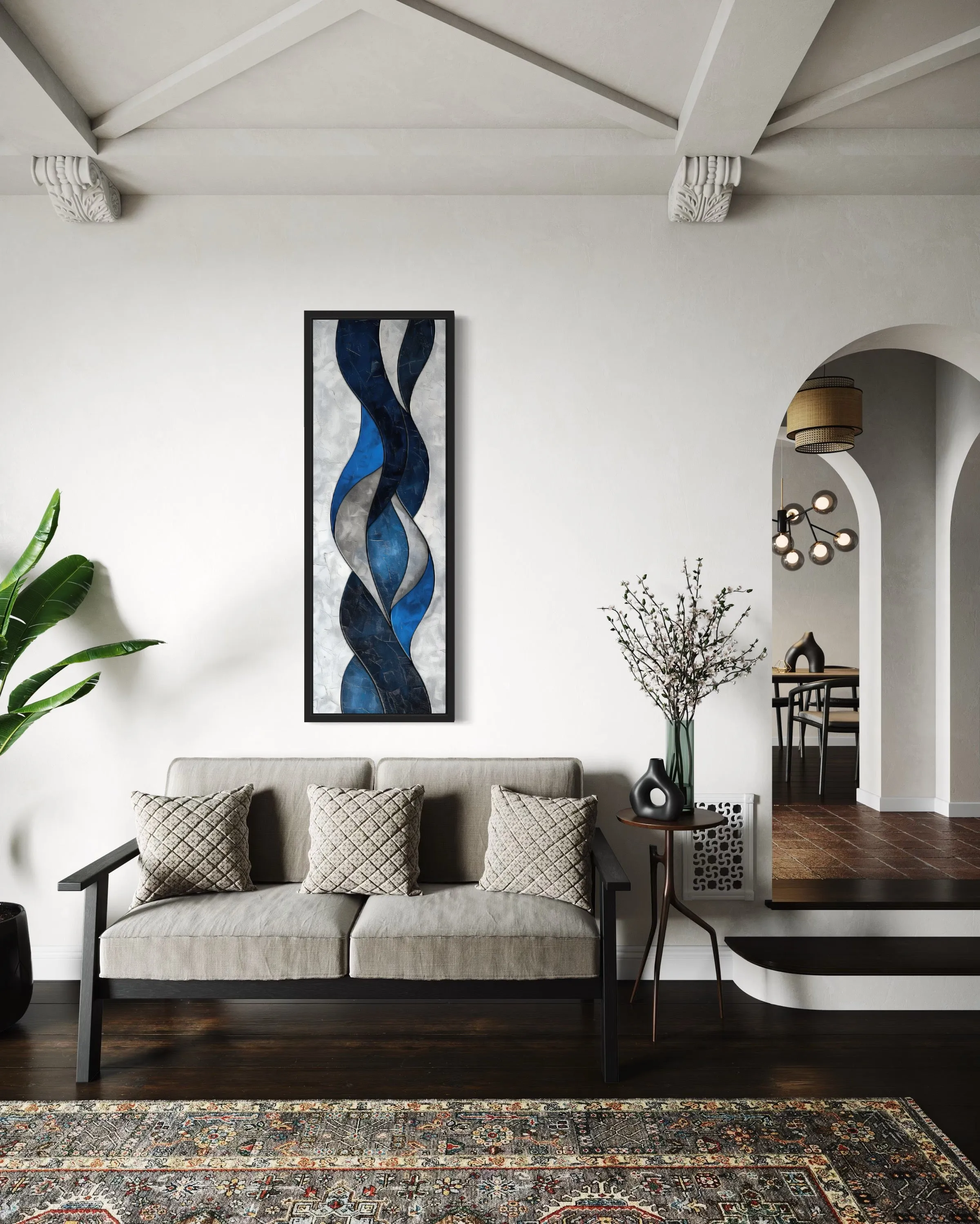 Tall Thin Vertical Navy Blue Grey Geometric Abstract Framed Canvas Wall Art