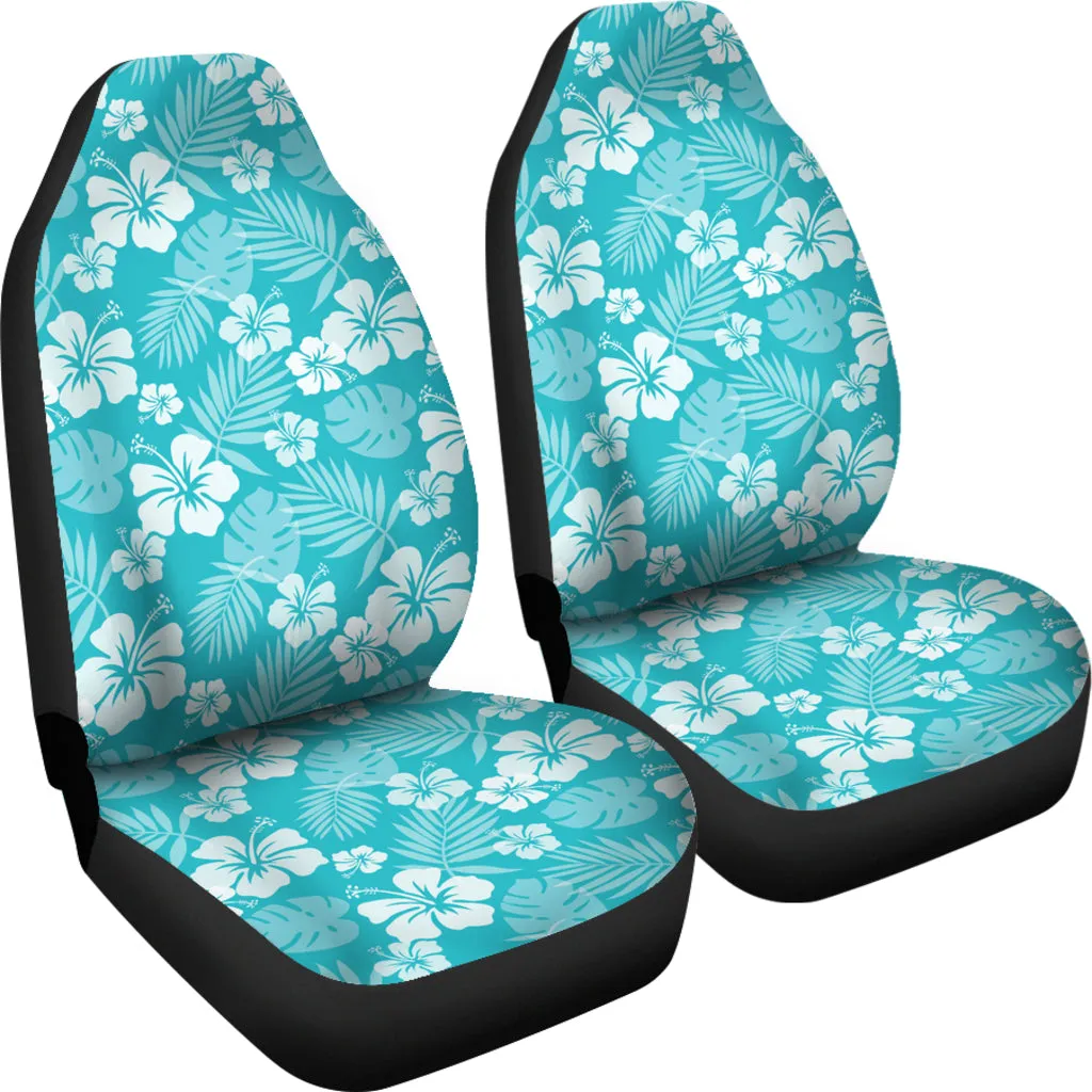 Teal Blue Hibiscus Car Seat Covers With White Flower and Leaves Pattern Hawaiian