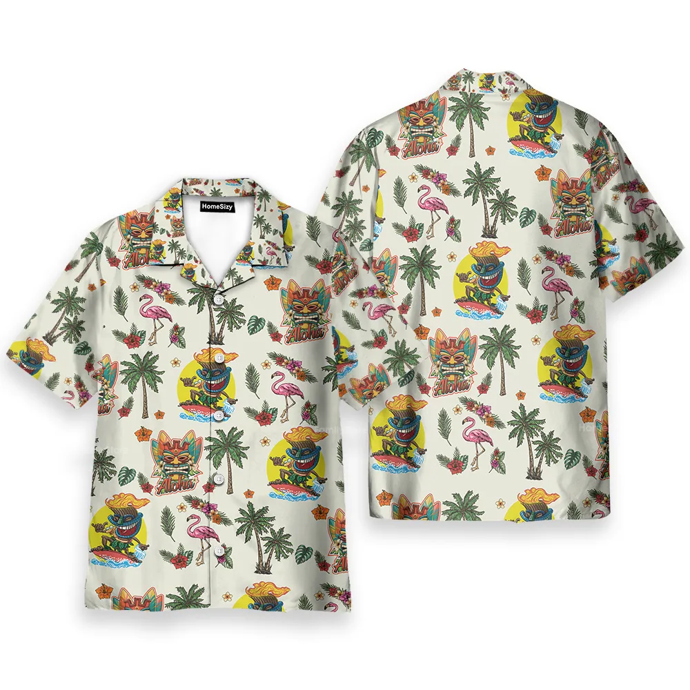Tiki Flamingo & Palm Tree Vintage Tropical - Hawaiian Shirt