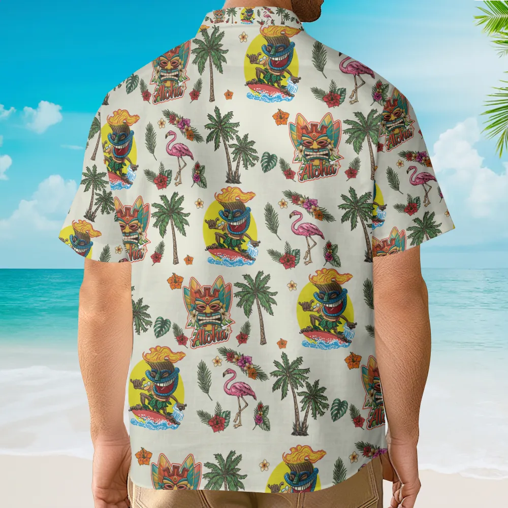 Tiki Flamingo & Palm Tree Vintage Tropical - Hawaiian Shirt