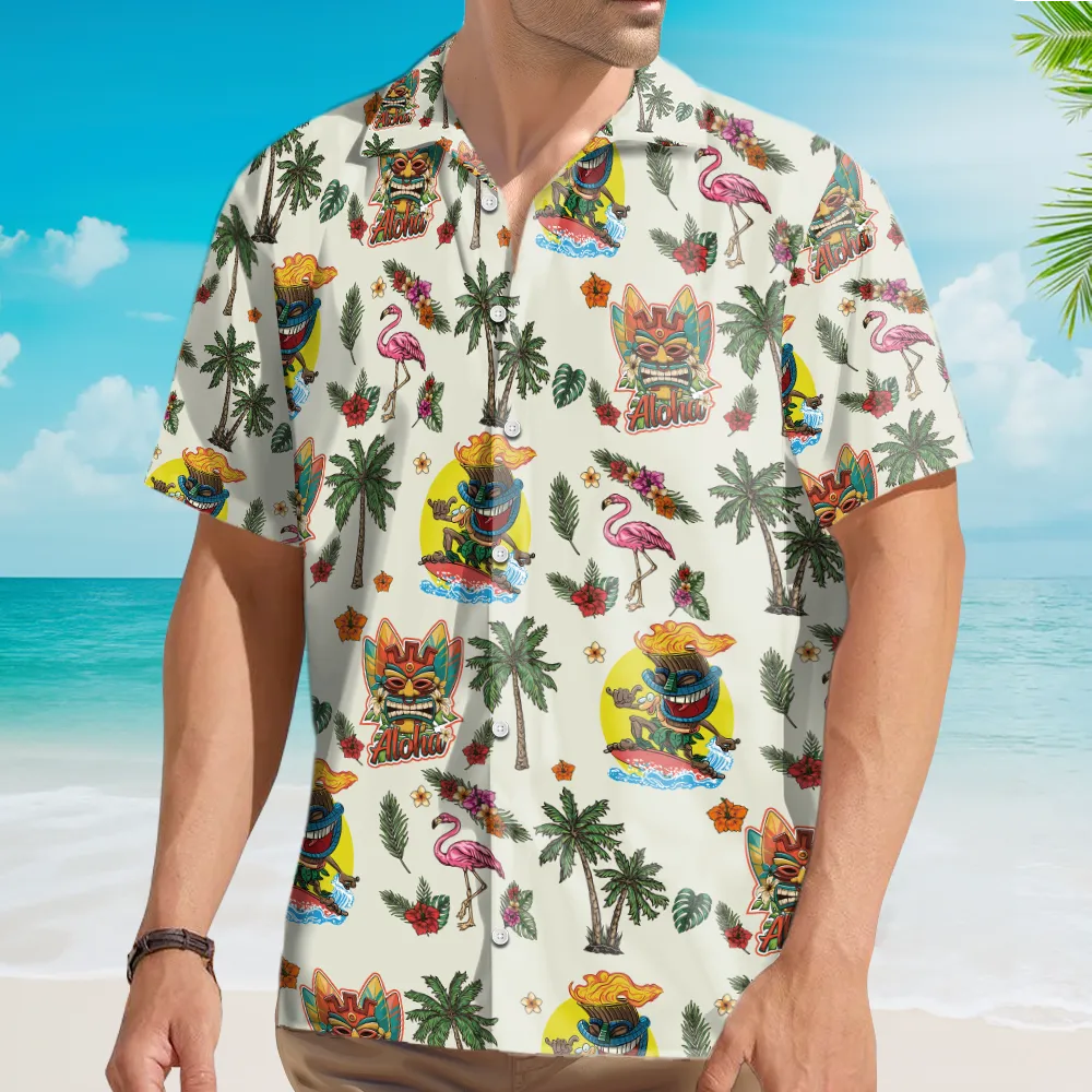 Tiki Flamingo & Palm Tree Vintage Tropical - Hawaiian Shirt