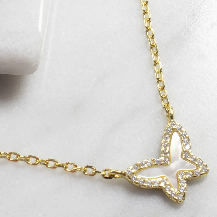 Tiny Mother of Pearl Butterfly Necklace - Gold or Silver