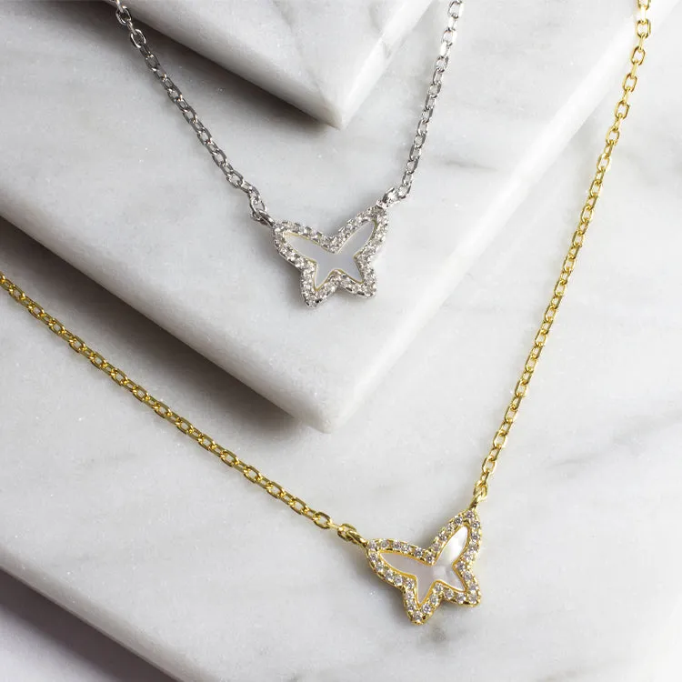 Tiny Mother of Pearl Butterfly Necklace - Gold or Silver
