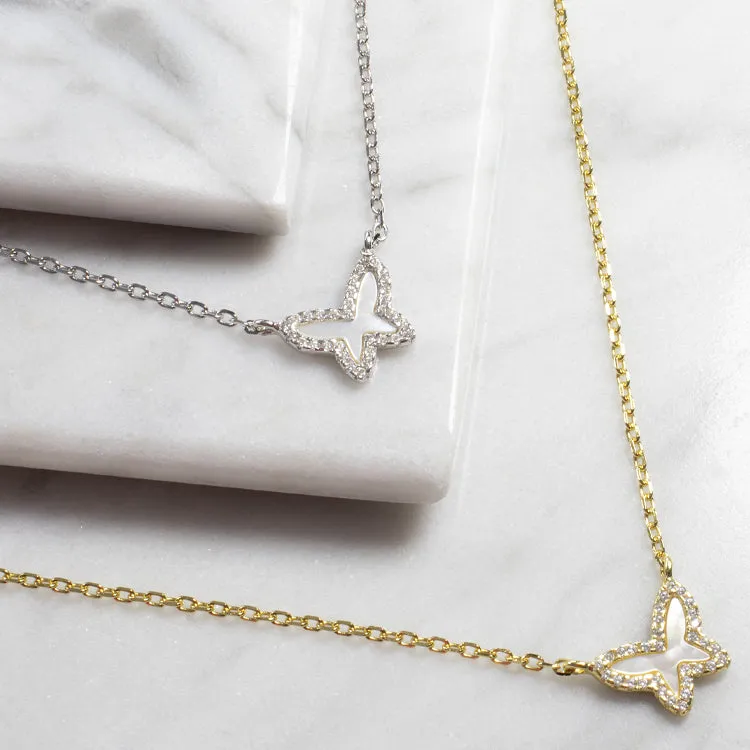 Tiny Mother of Pearl Butterfly Necklace - Gold or Silver