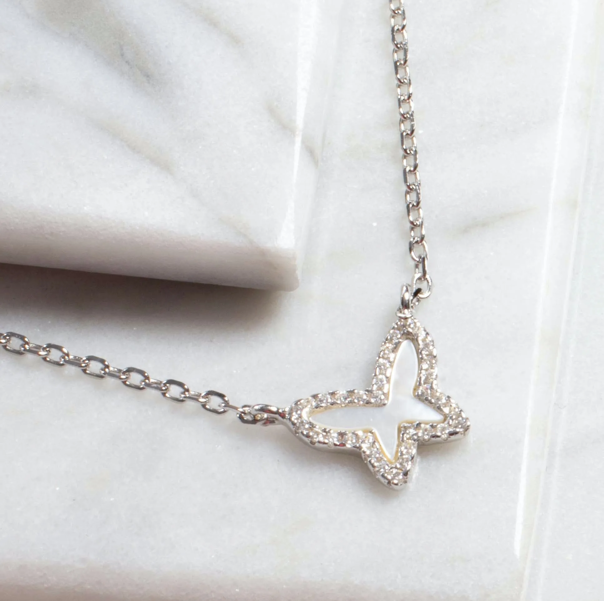 Tiny Mother of Pearl Butterfly Necklace - Gold or Silver
