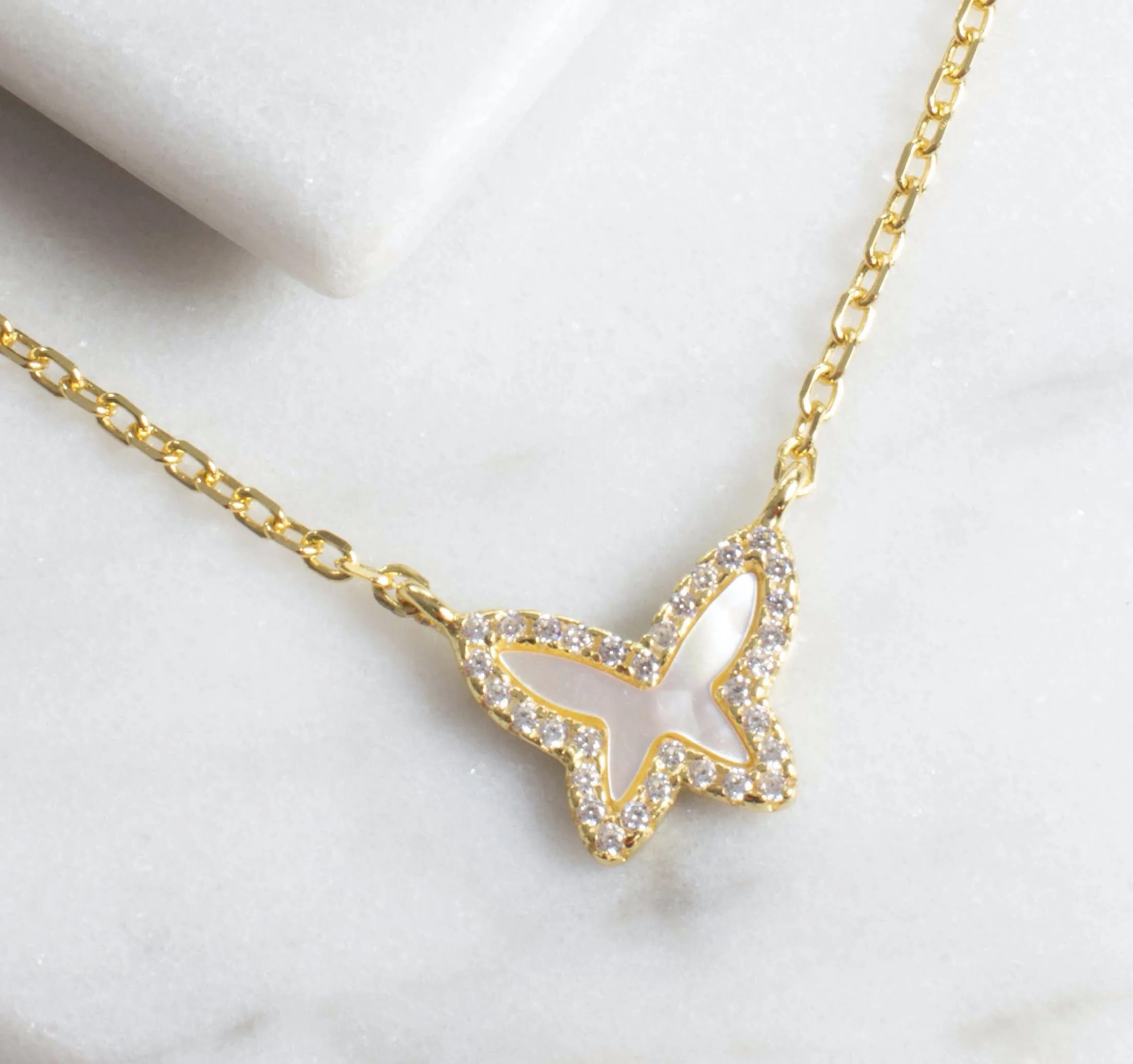 Tiny Mother of Pearl Butterfly Necklace - Gold or Silver