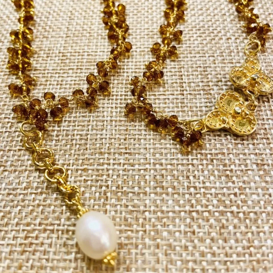 Topaz Gemstone Cluster Chain Pendant Necklace 30"