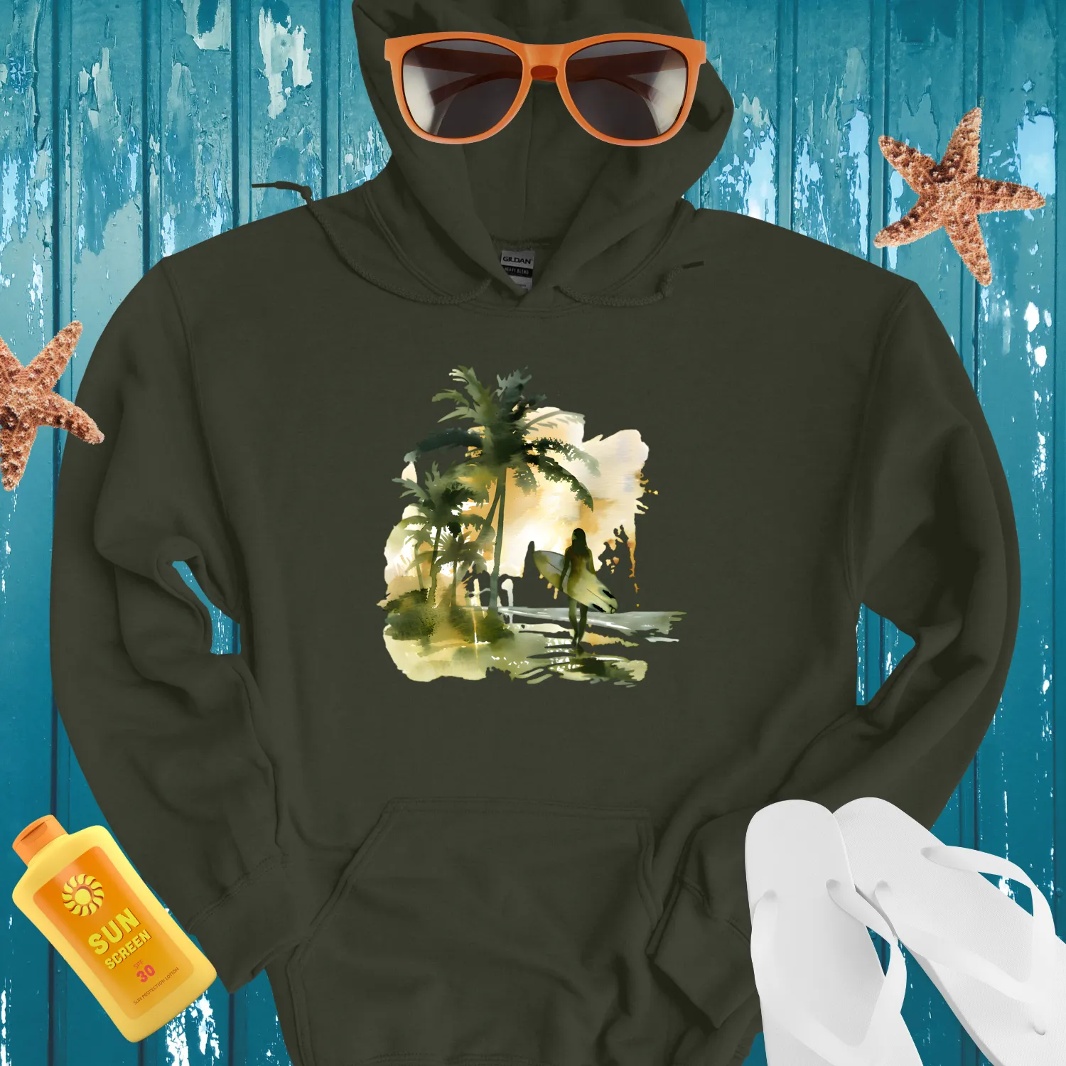 Tropical Beach Surfer Hoodie For Summer Adventures