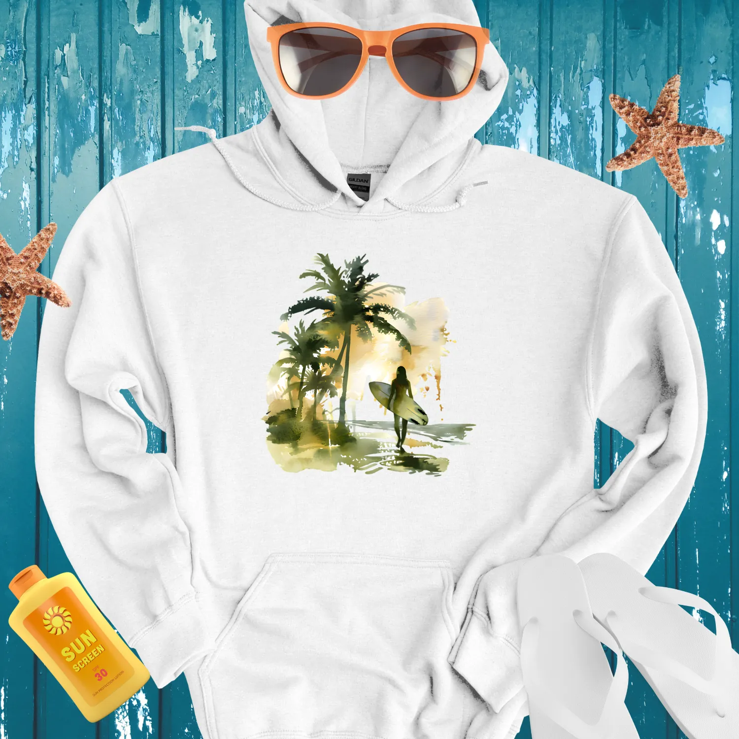Tropical Beach Surfer Hoodie For Summer Adventures