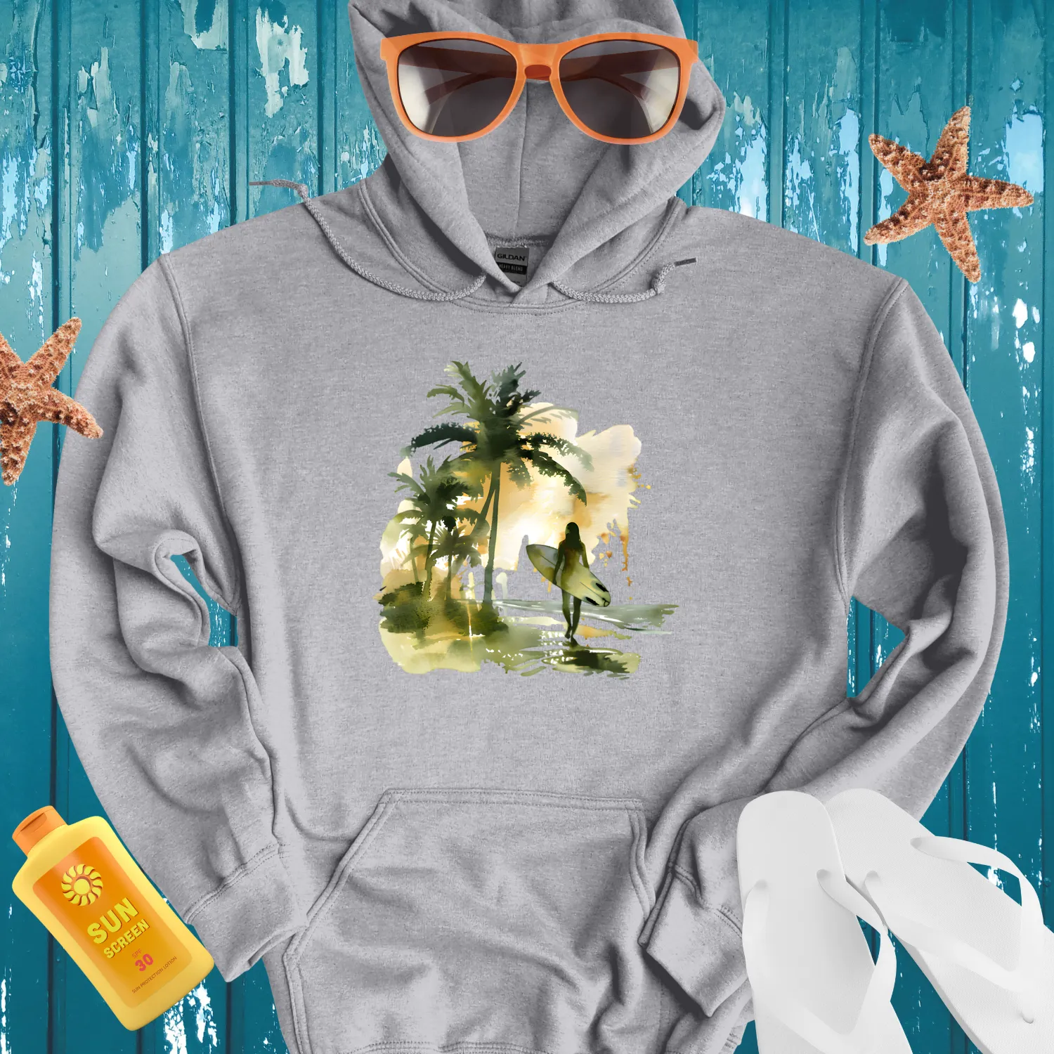 Tropical Beach Surfer Hoodie For Summer Adventures