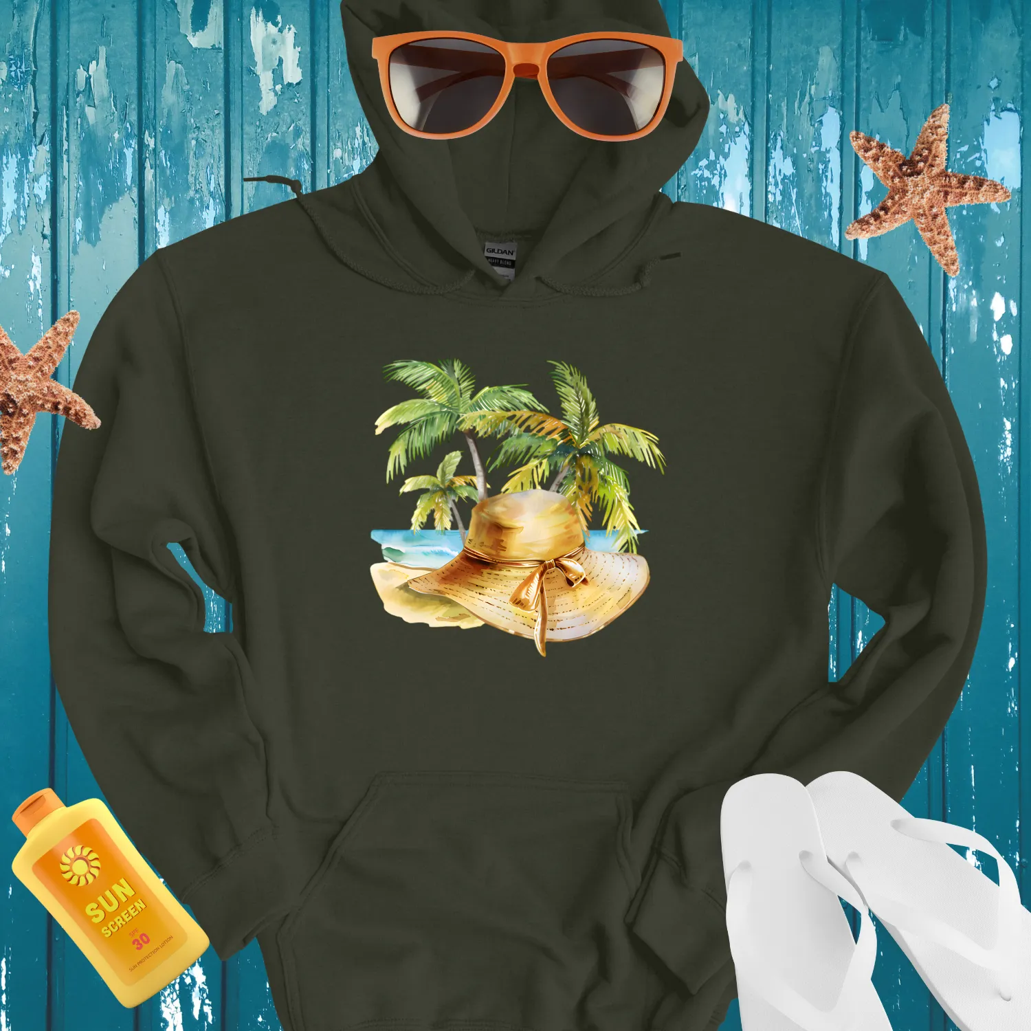 Tropical Getaway Hoodie With Beach Scene Illustration