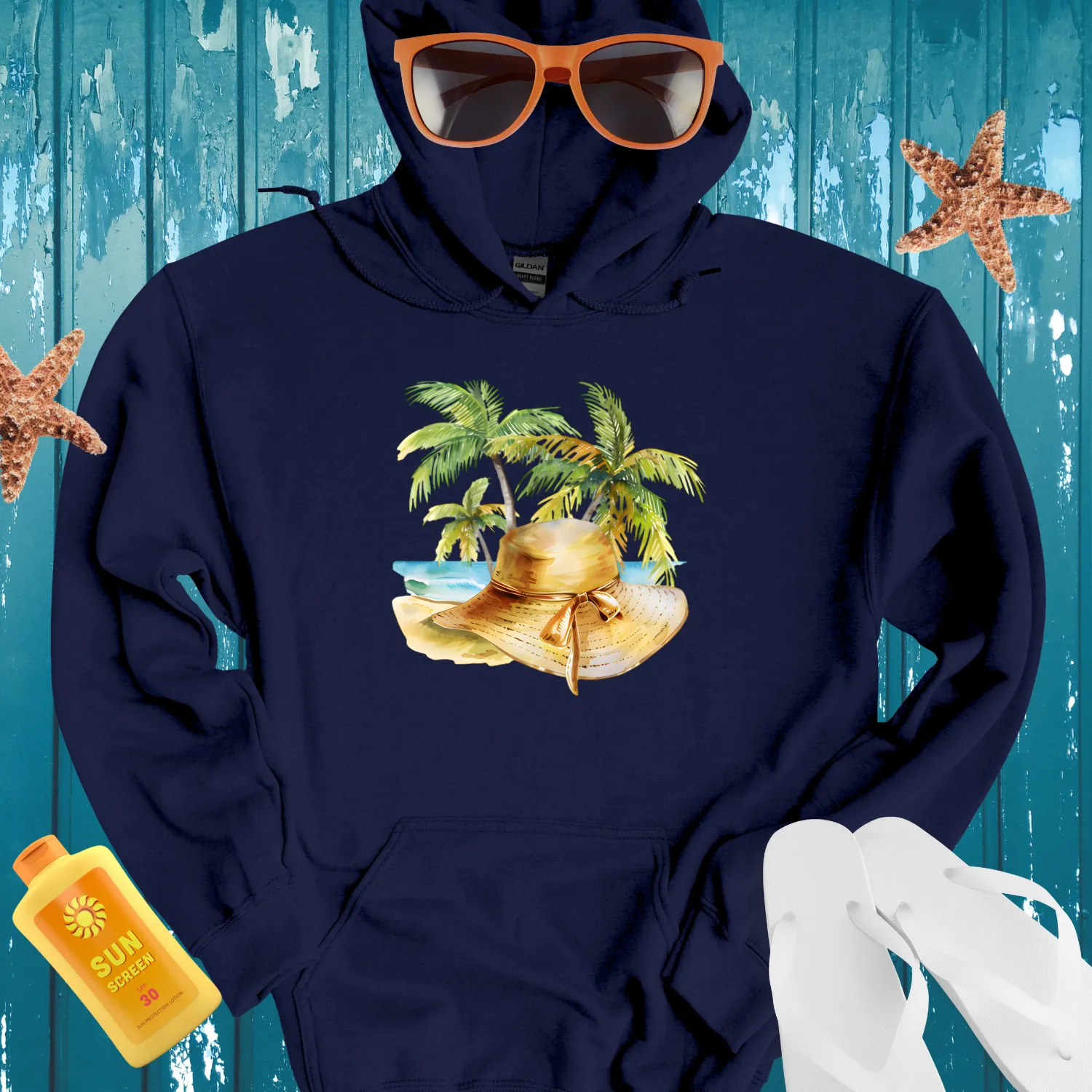 Tropical Getaway Hoodie With Beach Scene Illustration