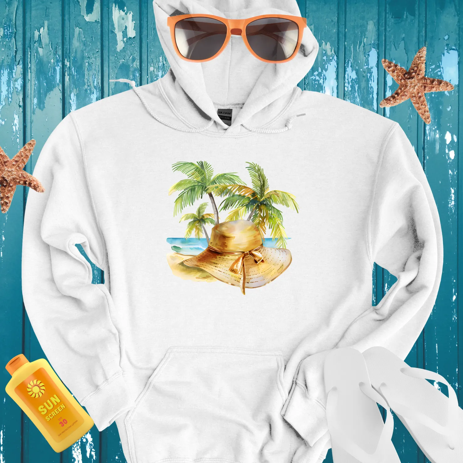 Tropical Getaway Hoodie With Beach Scene Illustration