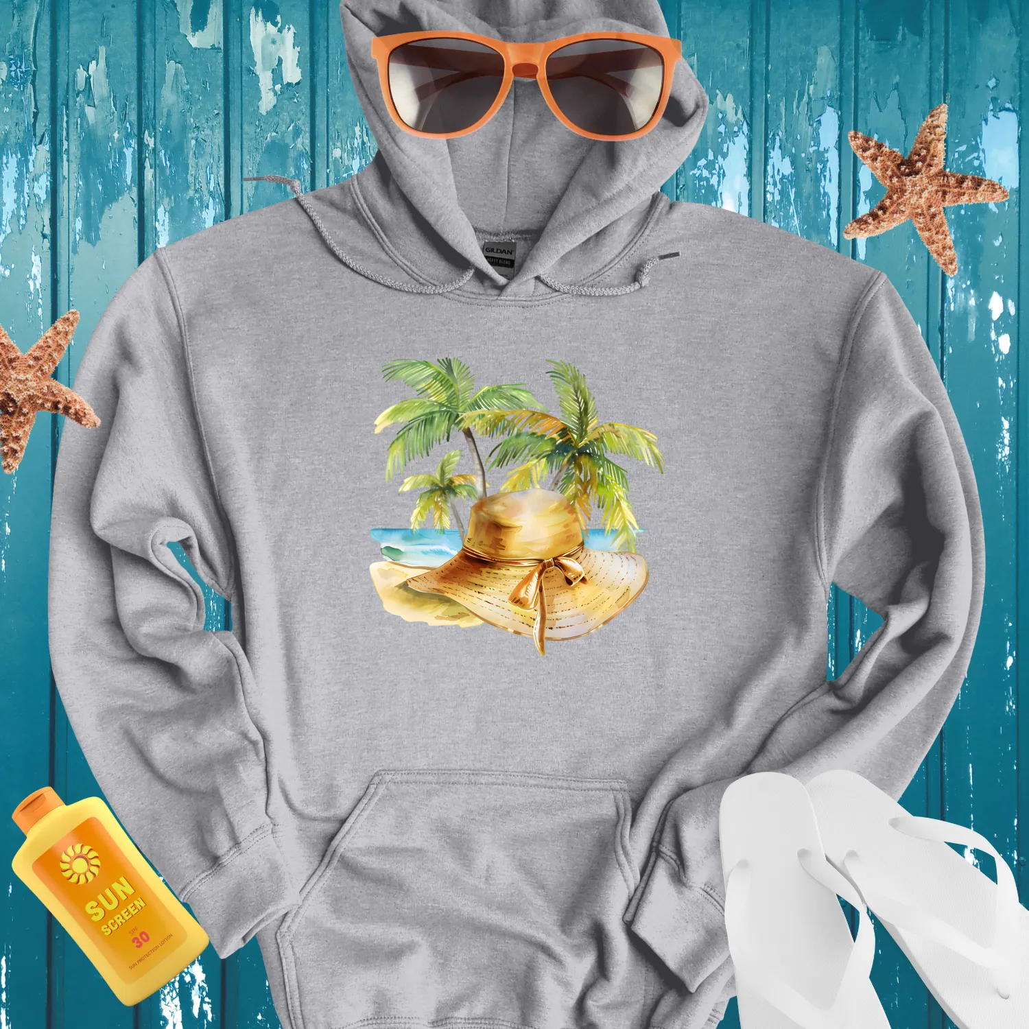Tropical Getaway Hoodie With Beach Scene Illustration