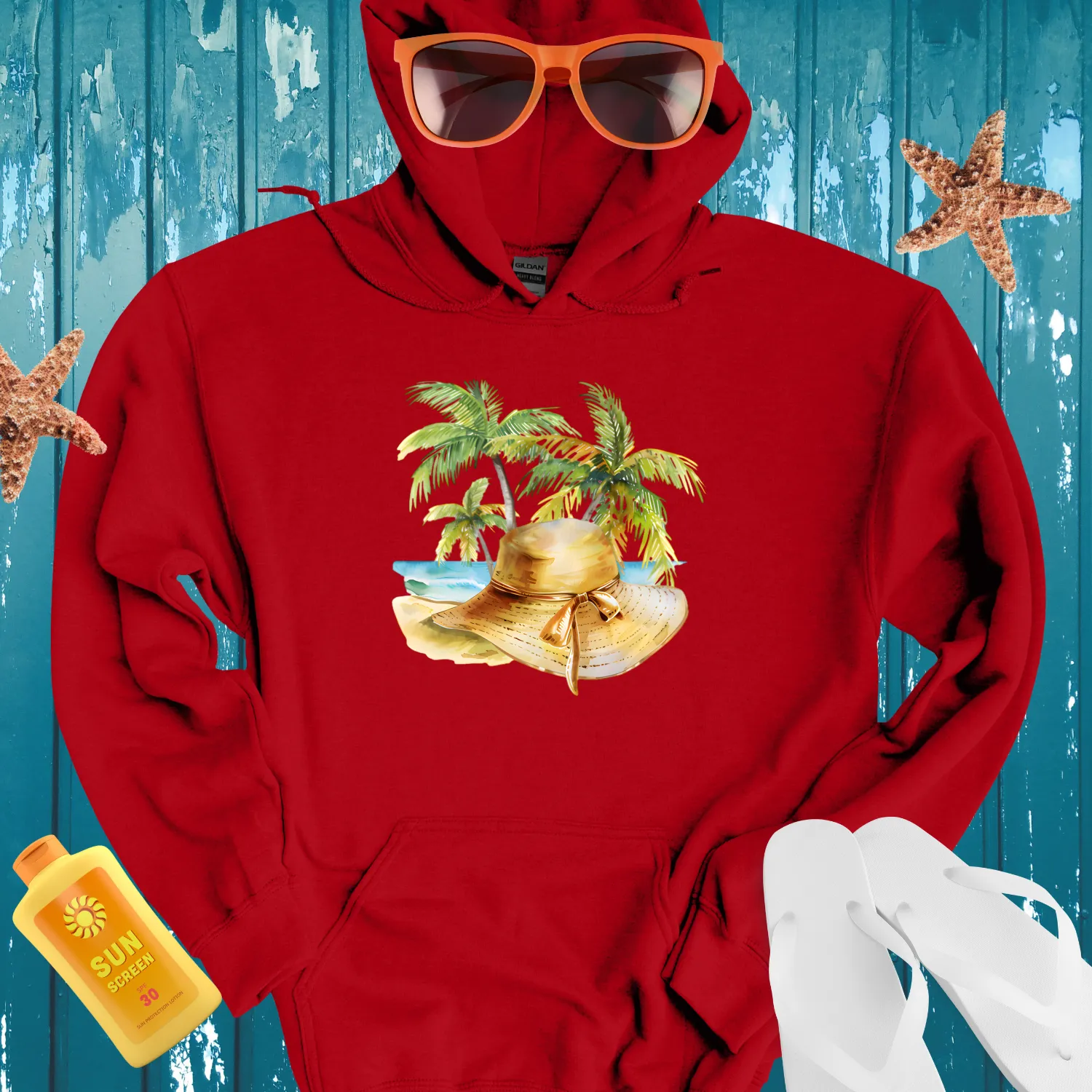 Tropical Getaway Hoodie With Beach Scene Illustration