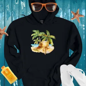 Tropical Getaway Hoodie With Beach Scene Illustration