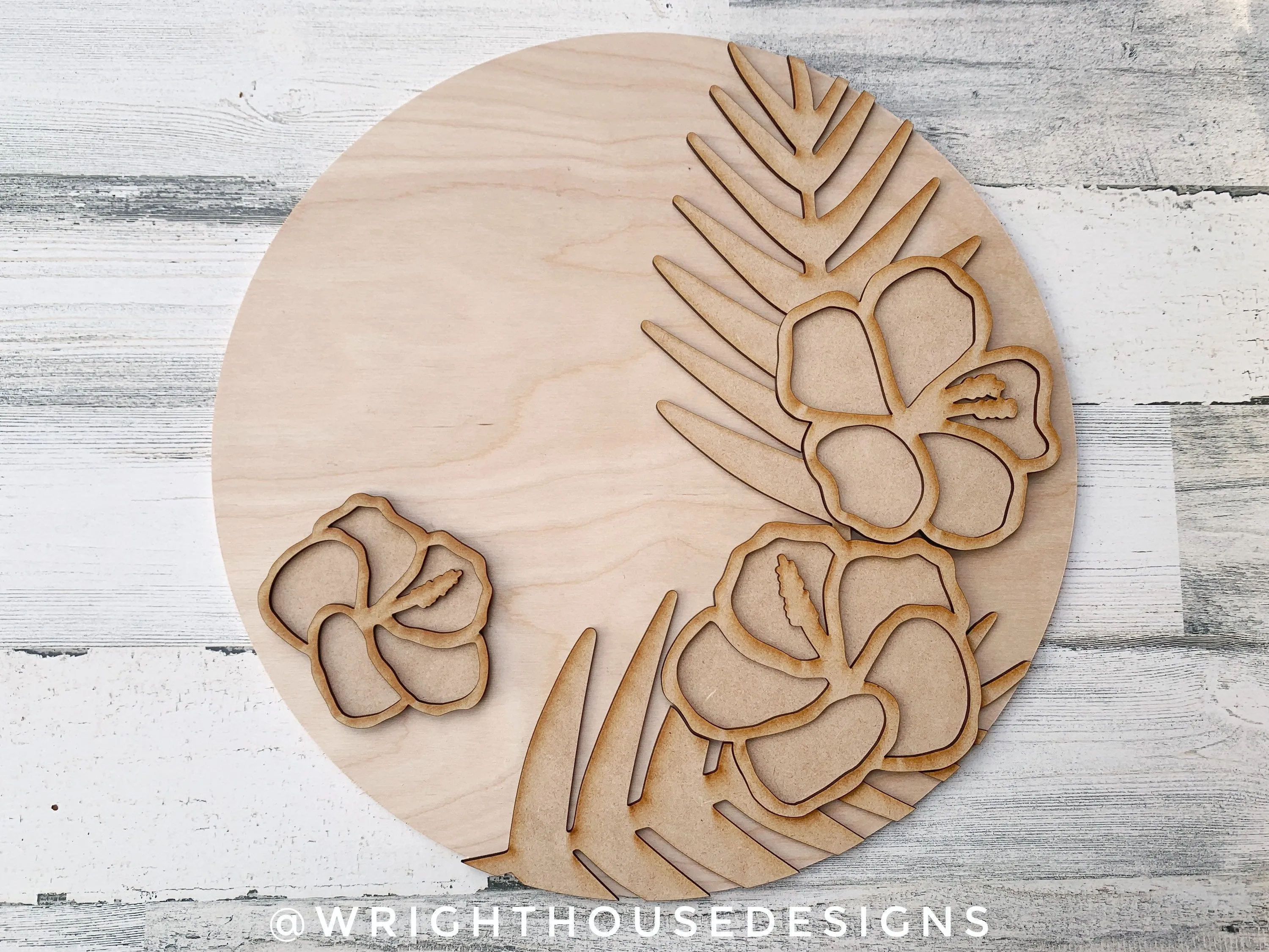 Tropical Hibiscus Palms Summer Door Hanger - Floral Sign Making and DIY Kits - Single Line Cut File For Glowforge Laser - Digital SVG File