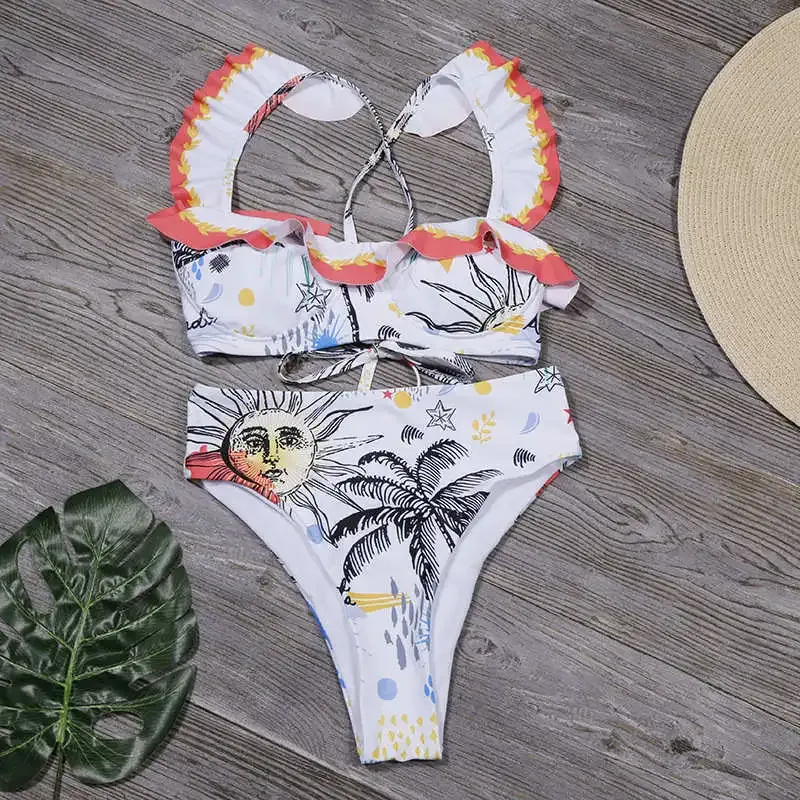 Tropical Print High Waist Lace-Up Bikini Set