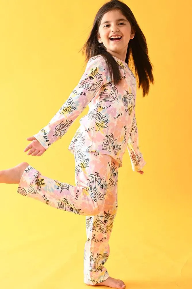 UNICORN TIE DYE LONG SLEEVES PYJAMA SET - WHITE