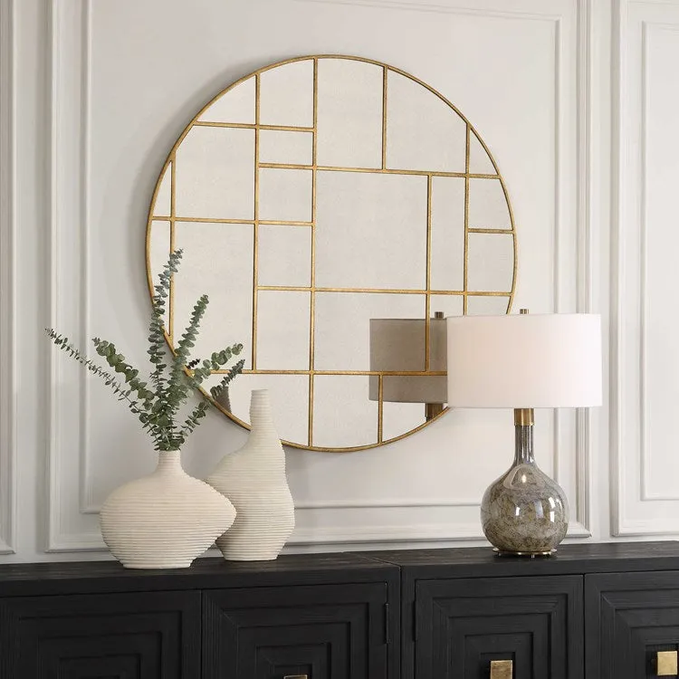 Uttermost Geometric Grid Antiqued Gold Round Mirror
