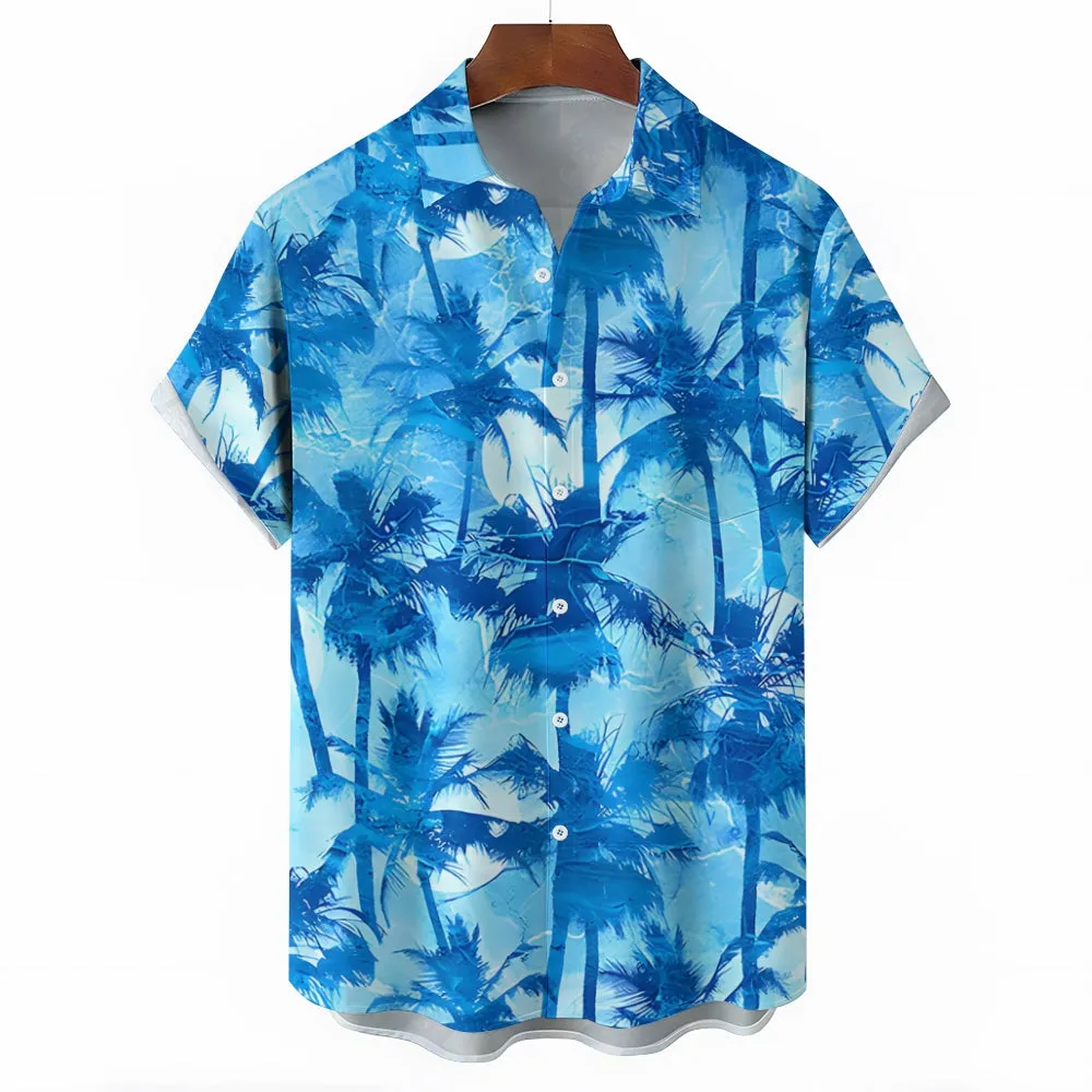 Vacation Palm Tree Print Hawaiian Casual Short Sleeve Shirt 2404000883