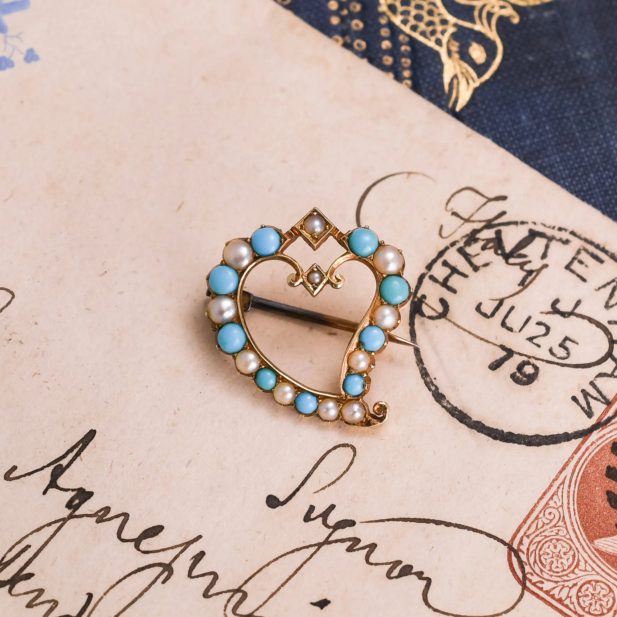 Victorian Turquoise & Pearl Witch's Heart Brooch