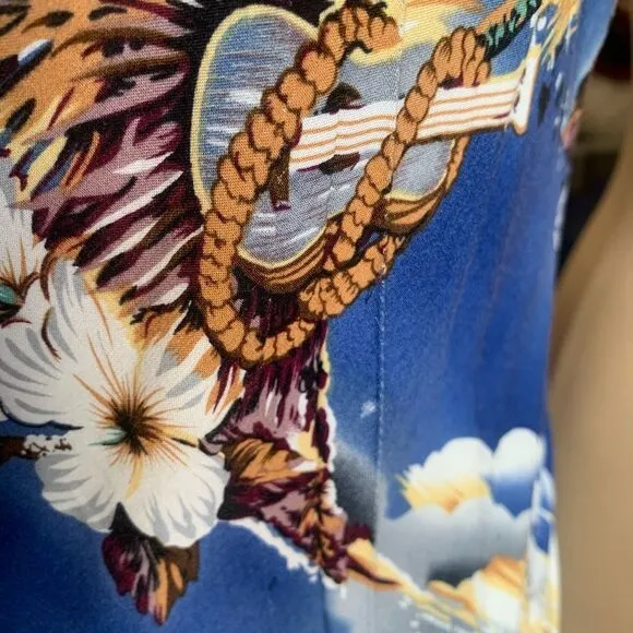 Vintage Hilo Hattie Dress  Tropical Hawaiian Blue Palm Tree Ukulele Print Mini