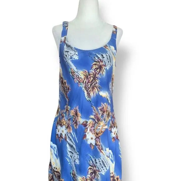 Vintage Hilo Hattie Dress  Tropical Hawaiian Blue Palm Tree Ukulele Print Mini