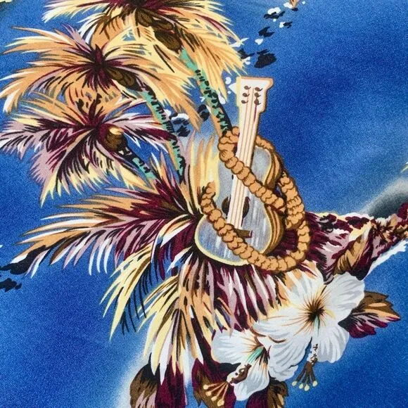 Vintage Hilo Hattie Dress  Tropical Hawaiian Blue Palm Tree Ukulele Print Mini