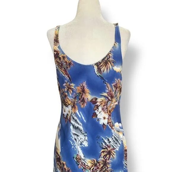 Vintage Hilo Hattie Dress  Tropical Hawaiian Blue Palm Tree Ukulele Print Mini