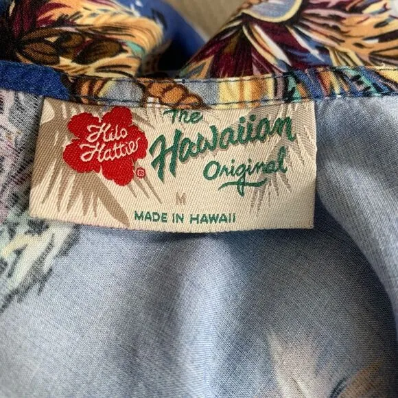 Vintage Hilo Hattie Dress  Tropical Hawaiian Blue Palm Tree Ukulele Print Mini