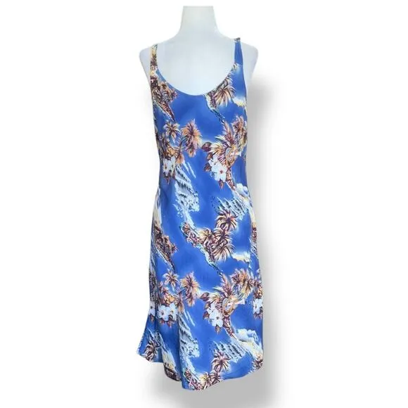 Vintage Hilo Hattie Dress  Tropical Hawaiian Blue Palm Tree Ukulele Print Mini