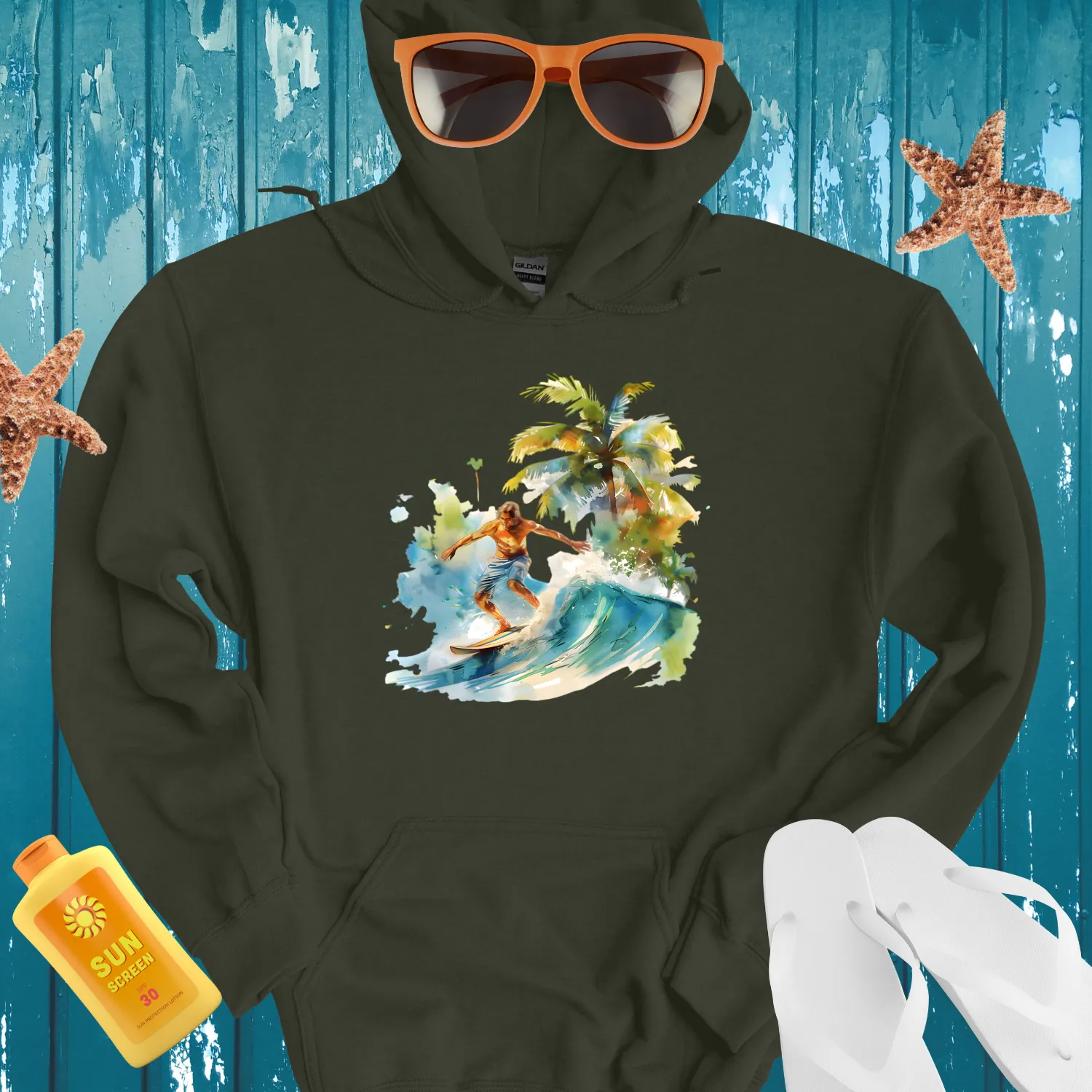 Watercolor Surfer Hoodie With Lush Tropical Design
